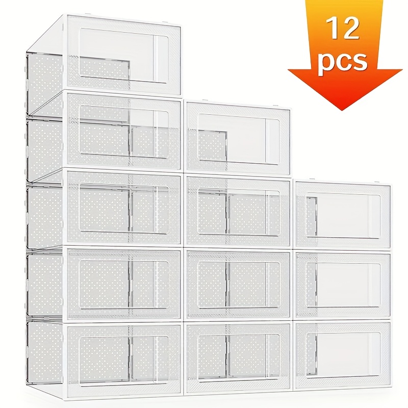 TEMU Pack Of 12 Large Shoe Organizer For Closet, Saving Shoe Box, Clear Plastic Stackable Container Display Box With Lid, Shoe Rack For Sneakers, White