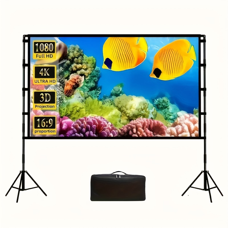 150-инчен 4k ultra-hd 3d пренослив проекциски екран, сооднос на страни 16:9, полиестерско влакно, без брчки и ператлив, вклучува опрема за монтирање и   за складирање Детали за производот 0