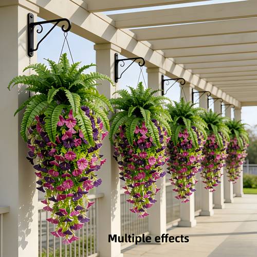 juego de 8 piezas de cesta colgante de campanillas artificiales, enredadera de flores de con degradado -rosa, flores artificiales sin , 1 de helecho + 7 de flores de campanillas, de caída completo. a prueba de sol y resistente a la decoloración para