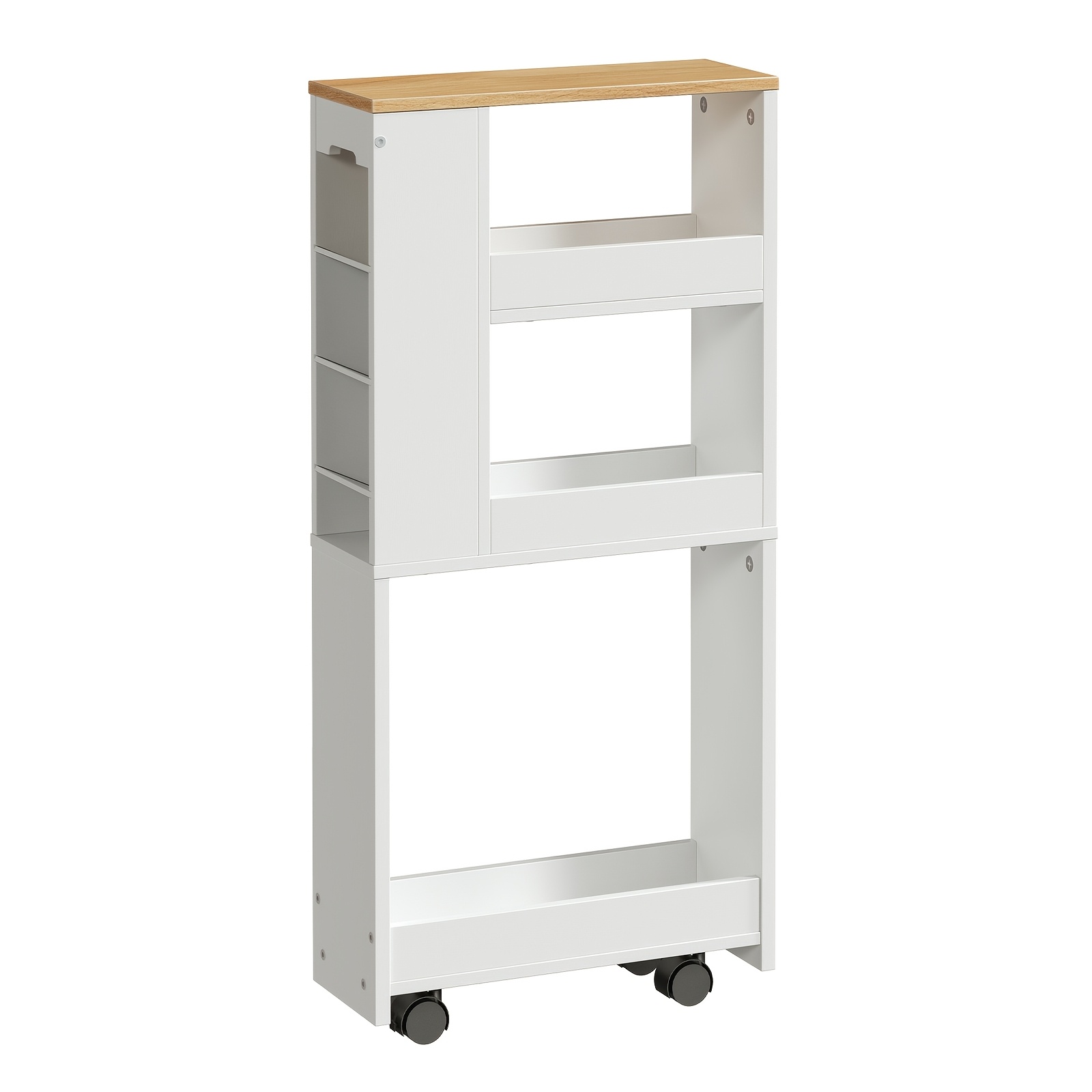 Image of 4-layer Board Cart, 40 X 15 X 85 Cm | Narrow Dining Cart With 4 Lockable Swivel Wheels, Suitable For Small Spaces, Kitchens, Bathrooms, Living Rooms, White, Made Of Artificial Board And Hardwood