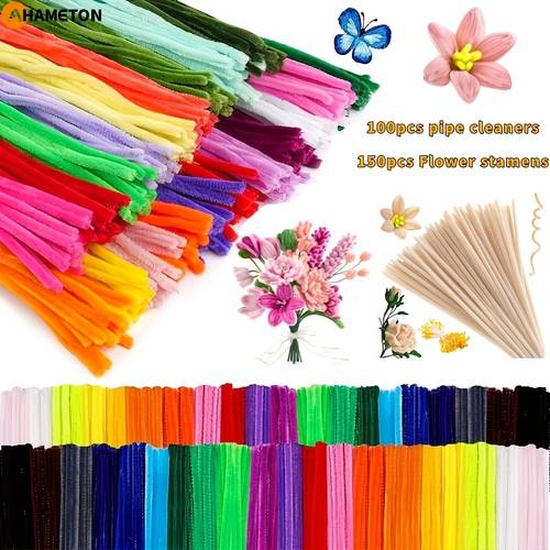total 250pcs 100pcs pipe cleaners craft chenille stems with 150pcs flower for diy art party decorations 12 inch x 6mm art projects handmade decor decorative stems used as a handmade gift for