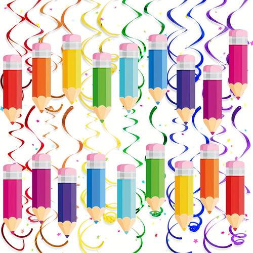 24 stück regenbogen schulanfangs bleistift hänge- dekorationen - bunte deckenstreamer mit verschiedenen bleistift designs für klassenzimmer, party, abschluss & geburtstagsdeko - keine batterien erforderlich, einfach aufzuhängen, klassenzimmerdeko, verspieltes design