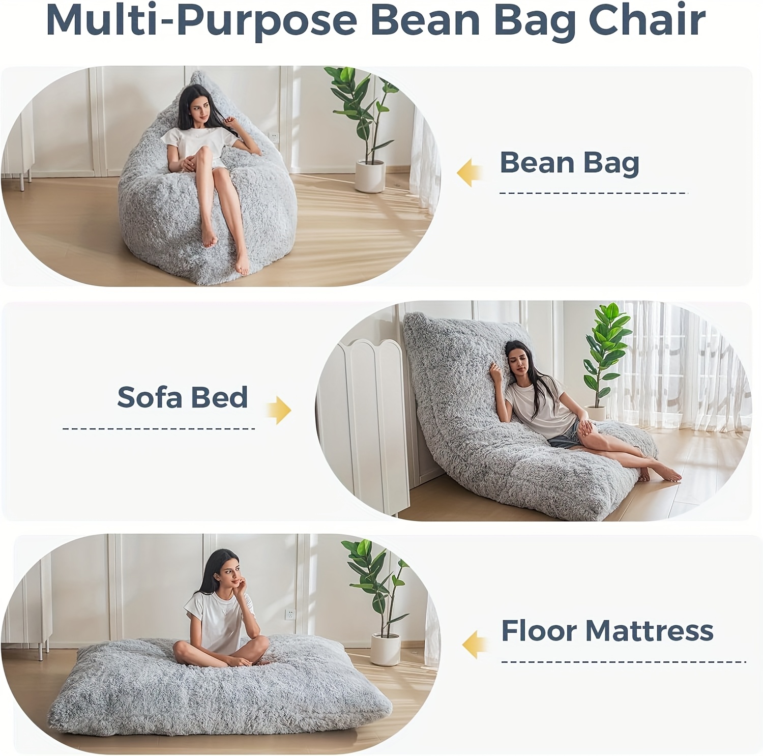 Large Grey Bean Bag Chair Bed - No-Fill Floor Sofa Bed for Adults &, Soft Bean Bag with Durable Cover, Multi-Use Bedroll for Floor Sleeping, Guest Bed, Room, Dorm - Machine Washable (No Assembly Required)