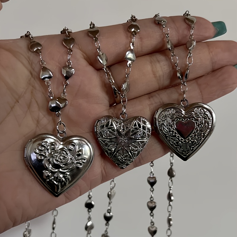 TEMU Colgante de romántico de 1 pieza/3 piezas opcional, abrible, collar con dije de marco de fotos para mujer de metal plateado, regalo de joyería