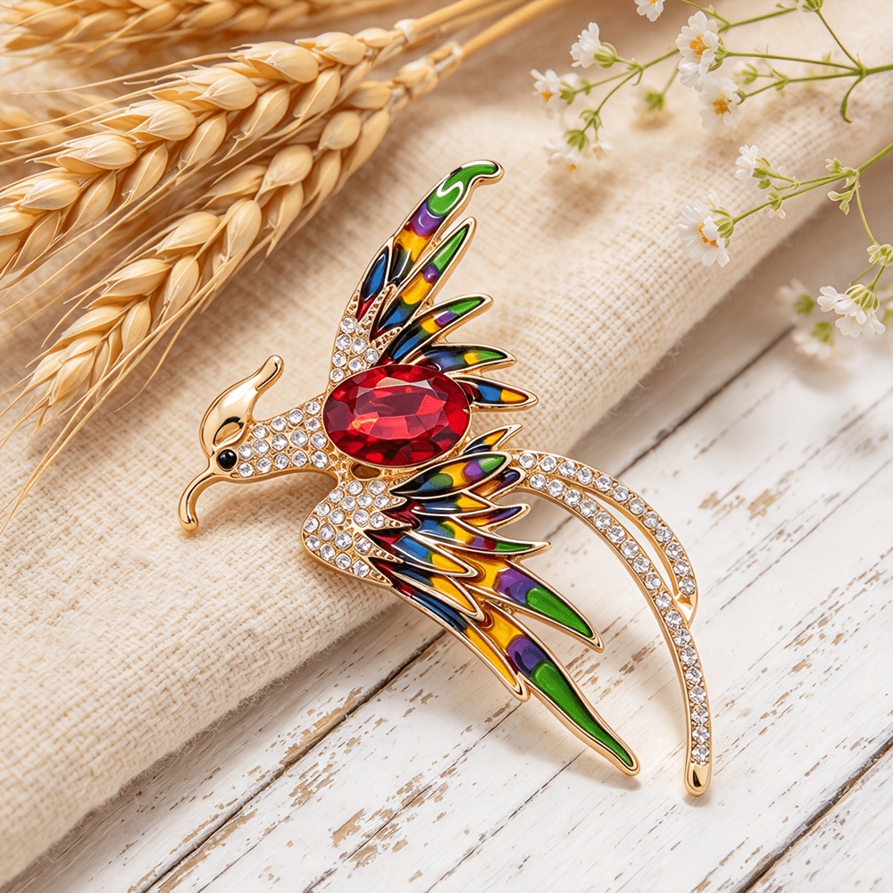 TEMU Retro Enamel Phoenix Brooch, Elegant Phoenix Design With , Exquisite Outline And Central Red Synthetic Crystal, For Men And Women, Enhancing