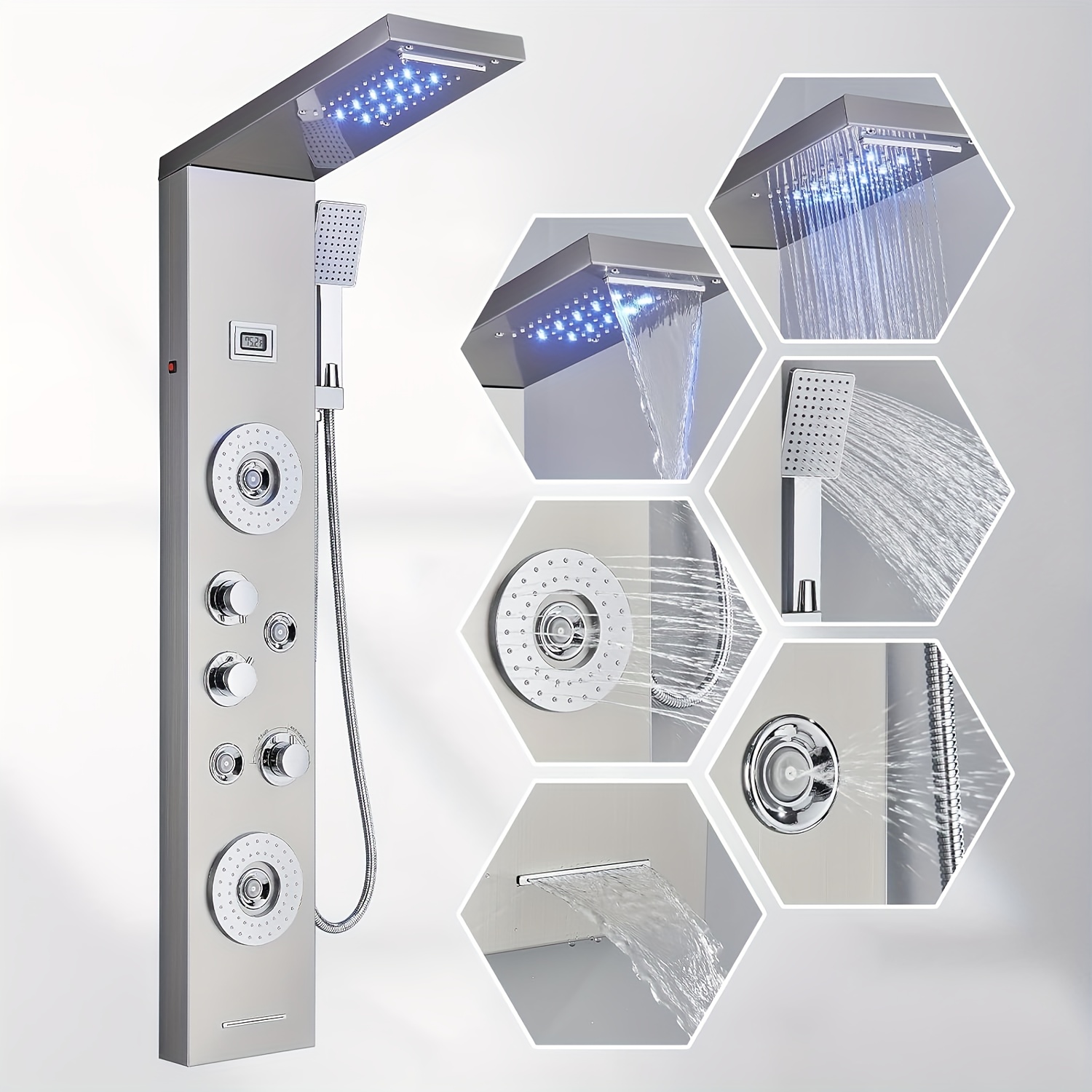 TEMU Set Stainless Steel Shower Panel Tower System Head 6-function Faucet Set Black Led Rain Waterfall Shower Panel Tower System