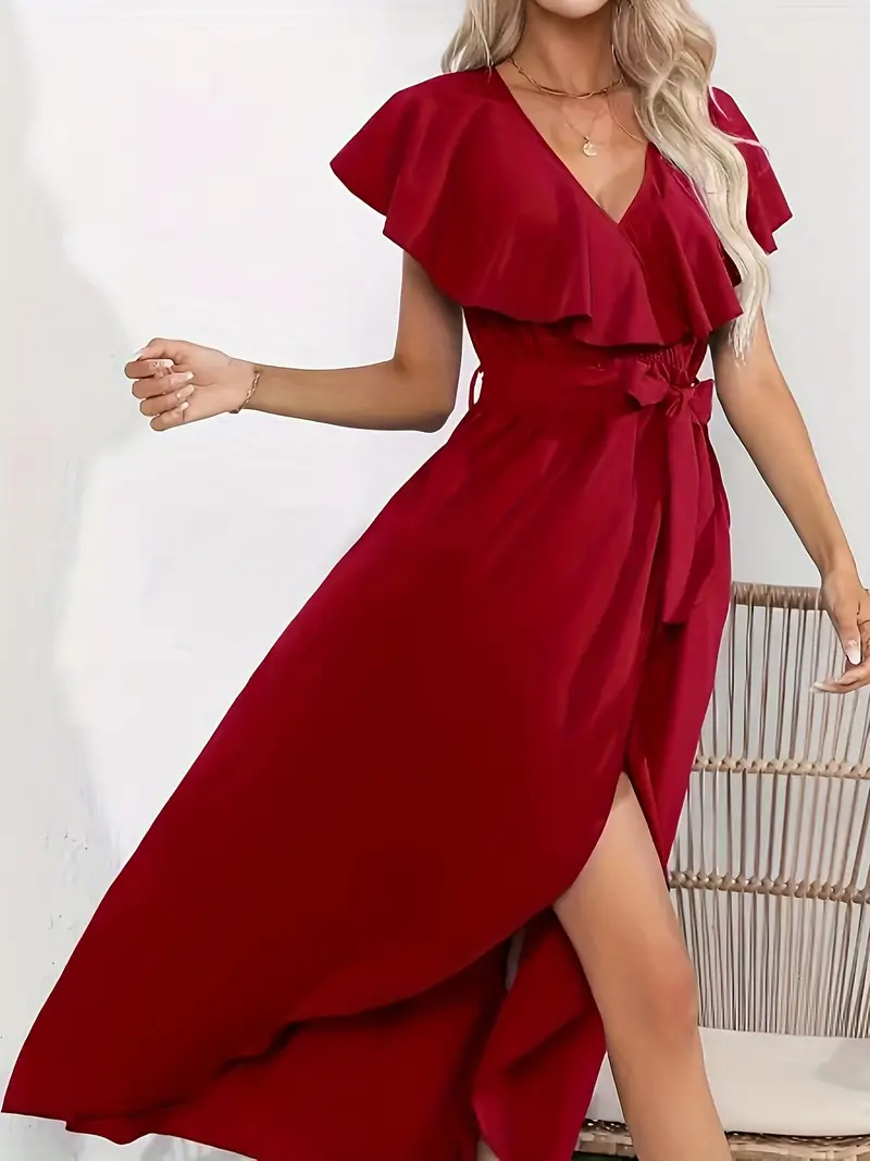 red wrap dress casual Cami Angel Sleeve Faux Wrap Dress Red