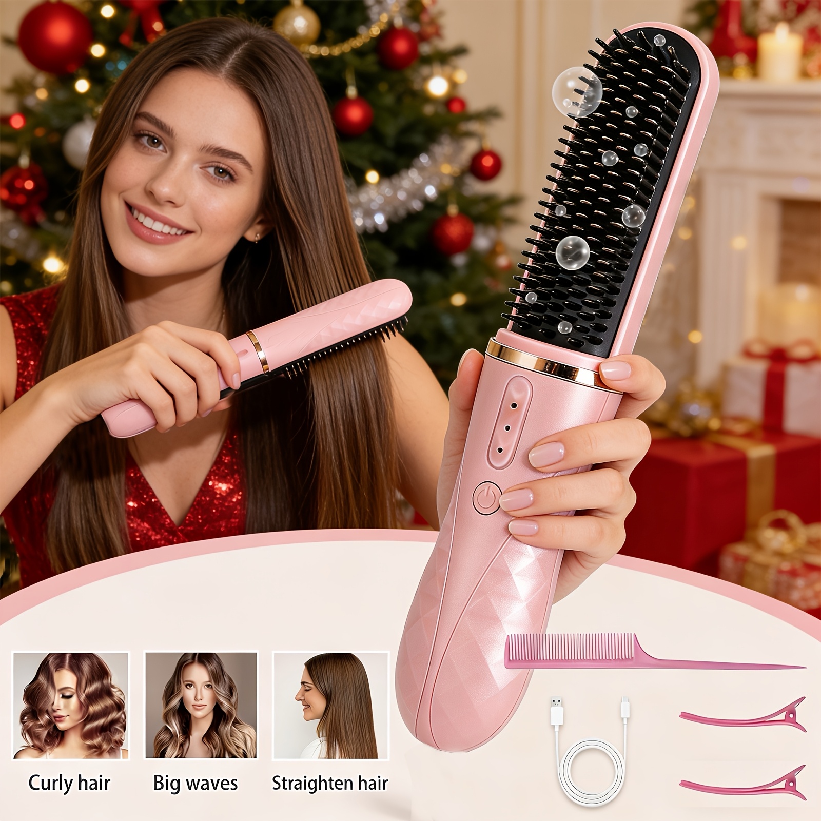TEMU 1pc Cordless Hair Straightener Brush With 3-level Temperature Control, Usb-c Rechargeable 2000mah Lithium Battery, Portable For Travel, Dual-use