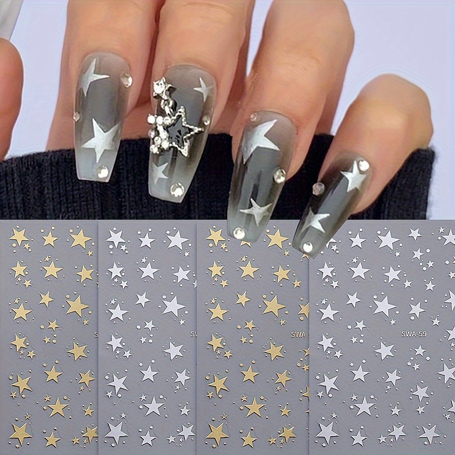 Image of 4 Golden And Silvery Five-pointed Star Nail Stickers Swa59