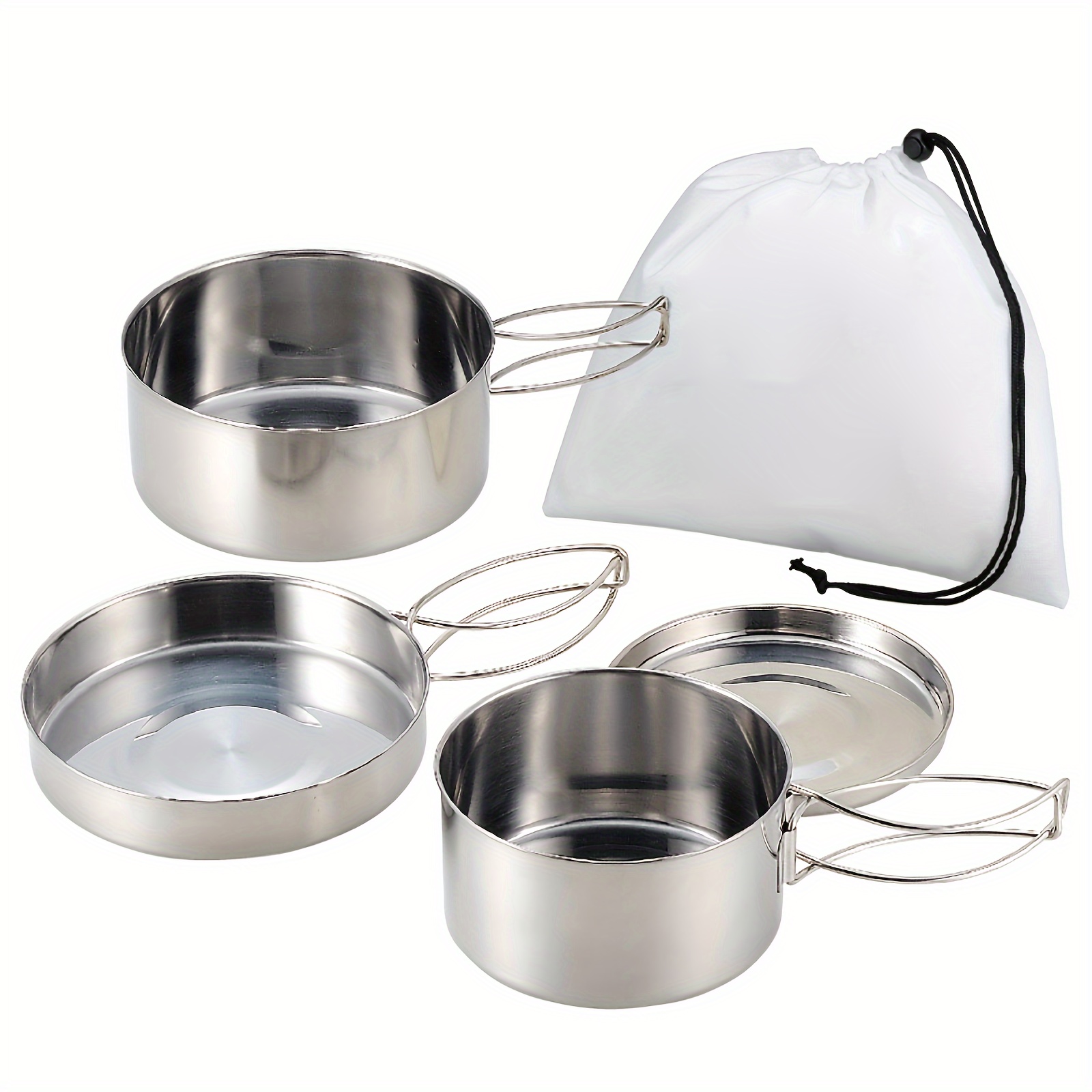 Outdoor Camping 4pcs Stainless Steel Lunch Box, Convenient Multi-functional Outdoor Cookware Set Folding Model Cw300