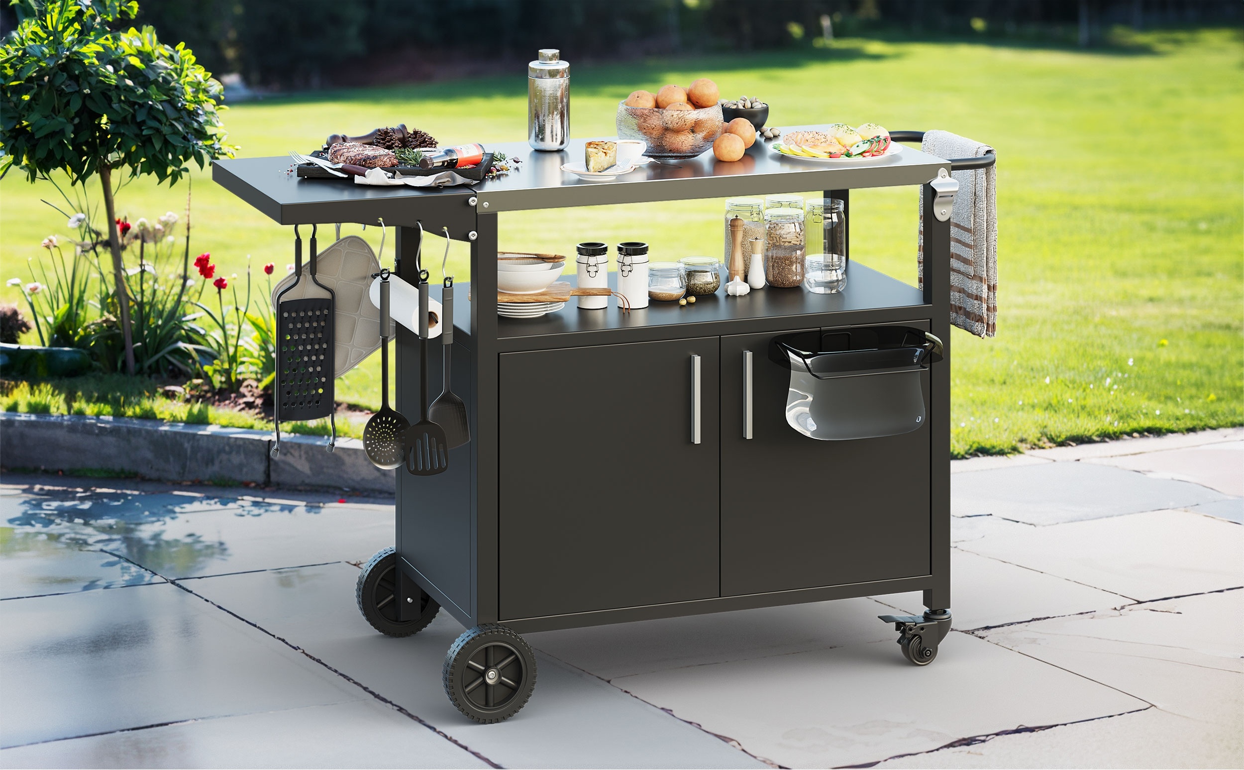 JY QAQA Grill Cart With Storage, Outdoor Bar Cart Rolling BBQ Movable Pizza Oven Table Stand With Foldable Stainless Steel Top & Storage Cabinet, Black