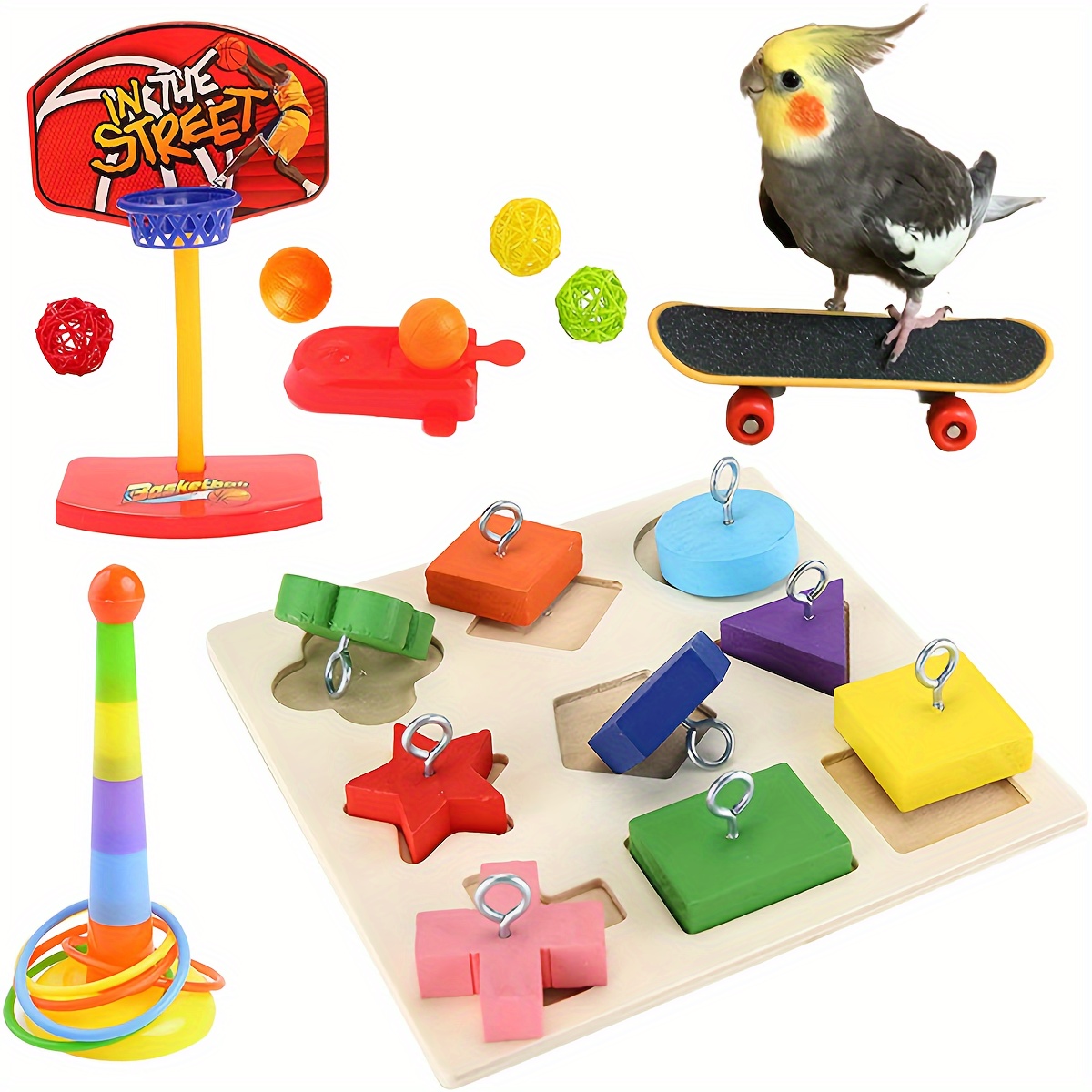 

Bird Toy Set, Parrot Wooden Block Puzzles Toy, Parrot Training Toy, Basketball Tossing Toy For Budgie Parakeet Cockatiel Conure Lovebird