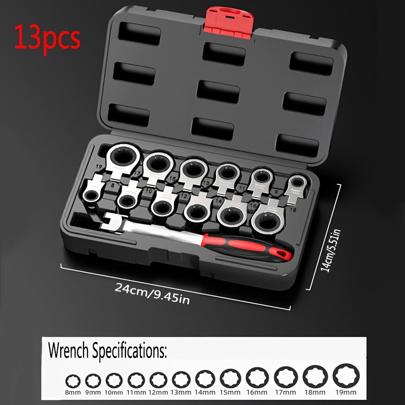 TEMU 8pcs Set/13pcs Set Interchangeable Head Ratchet Socket Wrench, Flexible Head Combination Wrench Set, Adjustable Head Ratchet Wrench Set, Quick