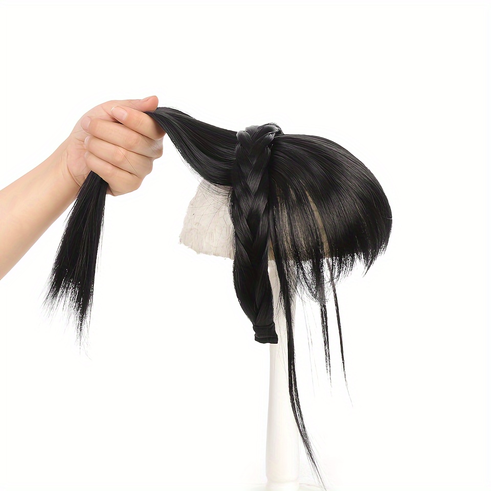 womens synthetic straight hair topper with clip in bangs and overhead braids natural looking   fringe hair extension hairpiece for all women styles details 1