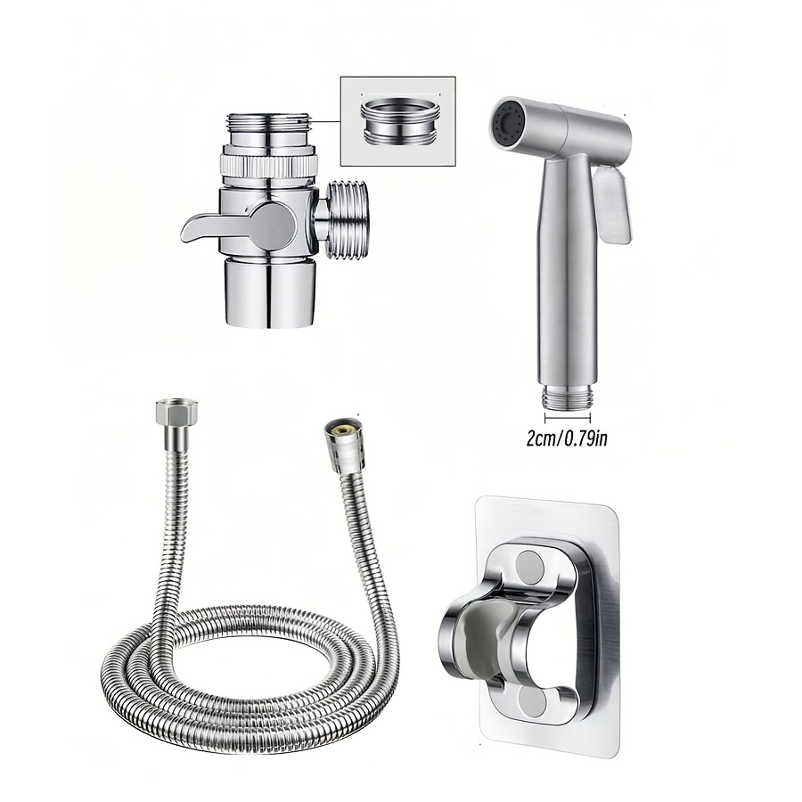 Image of Handheld Wash Kit: 1.5m High-density Water Outlet Hose, 304 Spray Gun, Single-cut Water Divider, No-drill Wall Mount, Silvery,for Shower Use Only