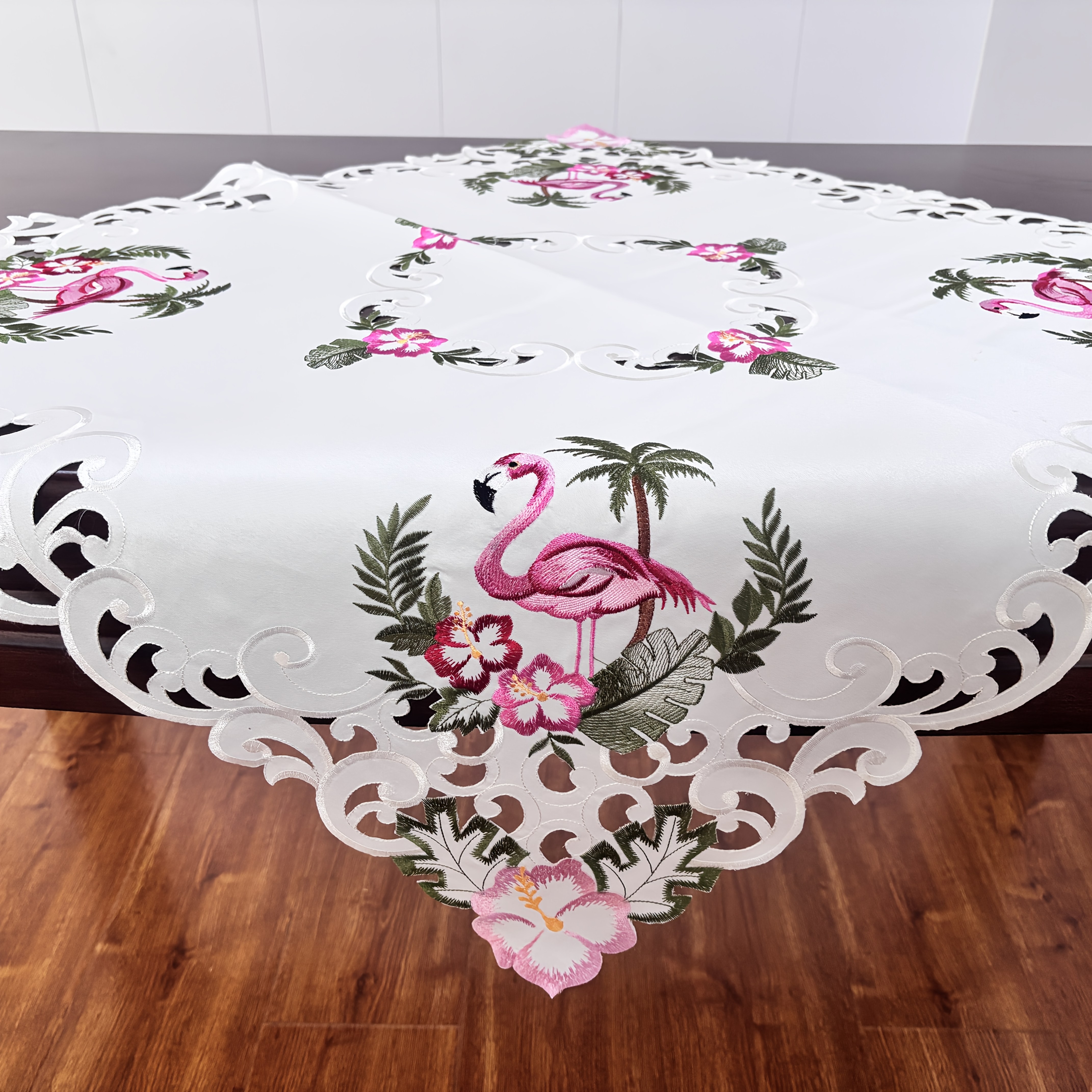 Image of Flamingo Palm Leaf Hibiscus Tablecloth For Dressing Tables, Seasonal Table Cover, Suitable For Indoor And Outdoor Parties, Holiday Table Decoration, Measuring 33.5 X 33.5 Inches