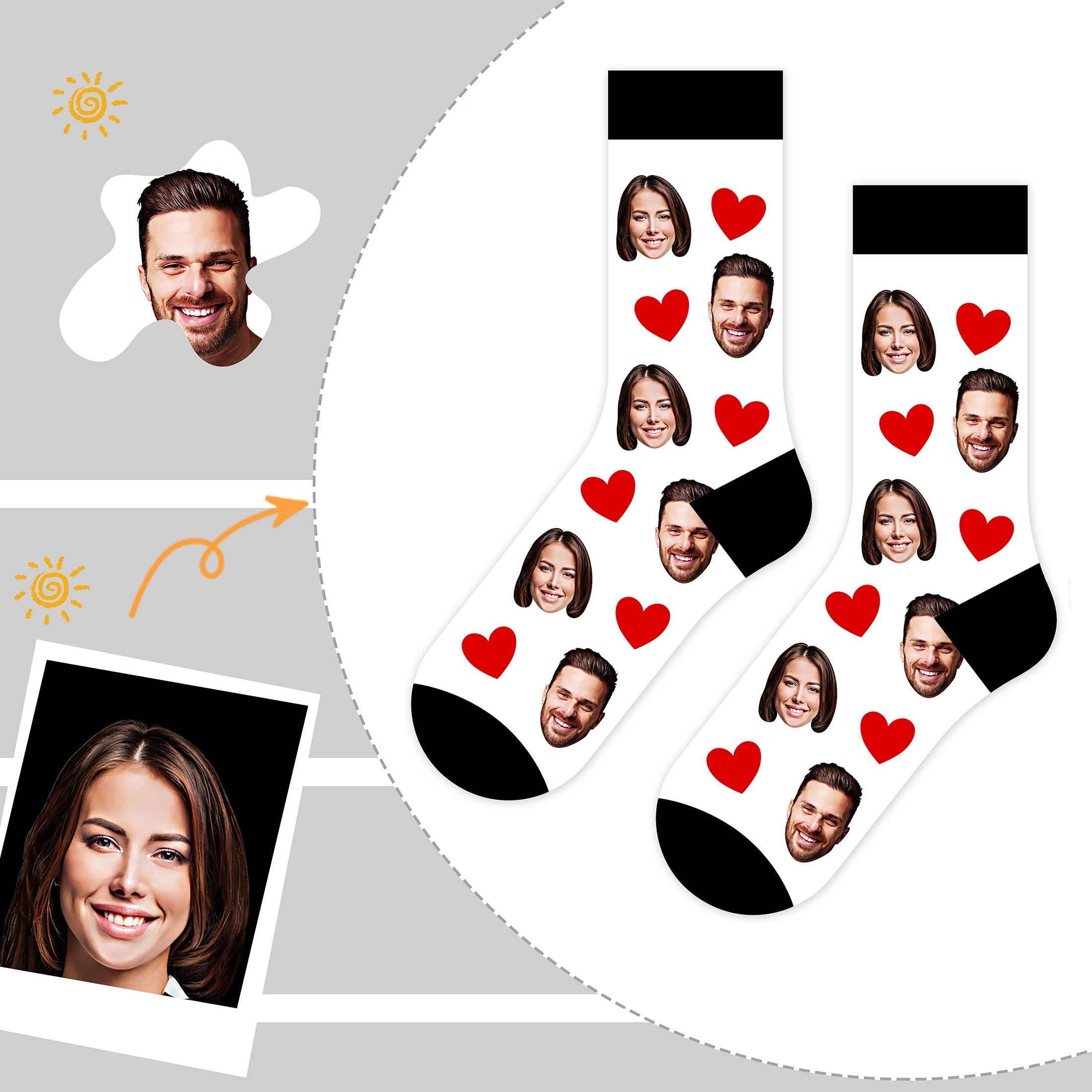 

1 Pair Customized Photo Mid-calf Socks, Personalized Couple Socks With Faces, For Valentine's Day, Birthday, Easter, , Day, - 95% Polyester, 5% Spandex, Knit Fabric, 600 Gsm