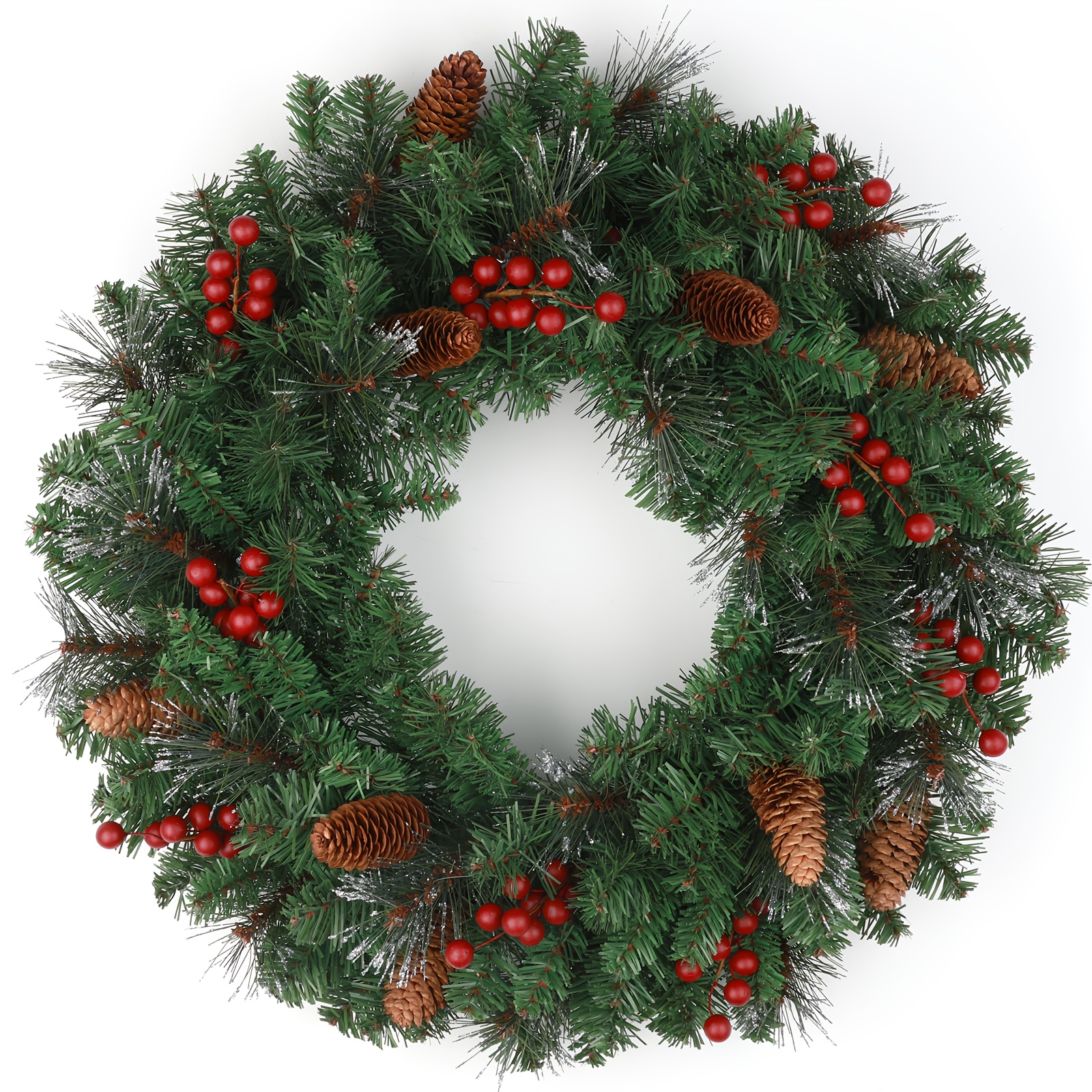 Image of Artificial Christmas Wreaths For Front Door, 22 Inch Christmas Pine Needle Wreath With Fake Pine Cones And Berry Clusters, Door Wreath For Window, Xmas Decorations Halloween