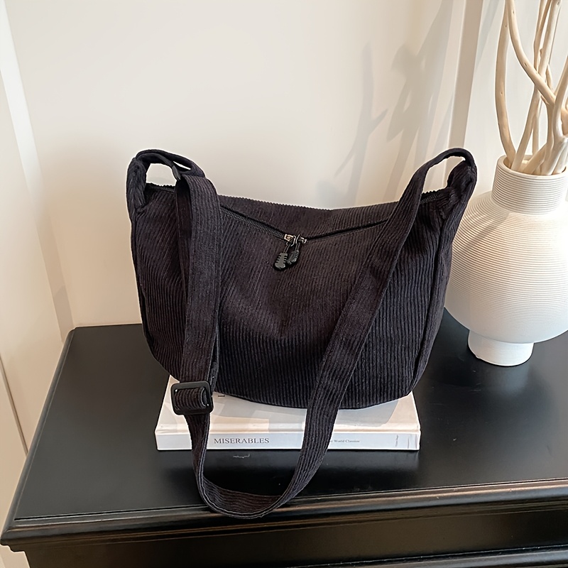 TEMU Corduroy Messenger Bag | Fashionable And Stylish, Adjustable Strap, Zipper Closure, Unlined, In, Light Brown
