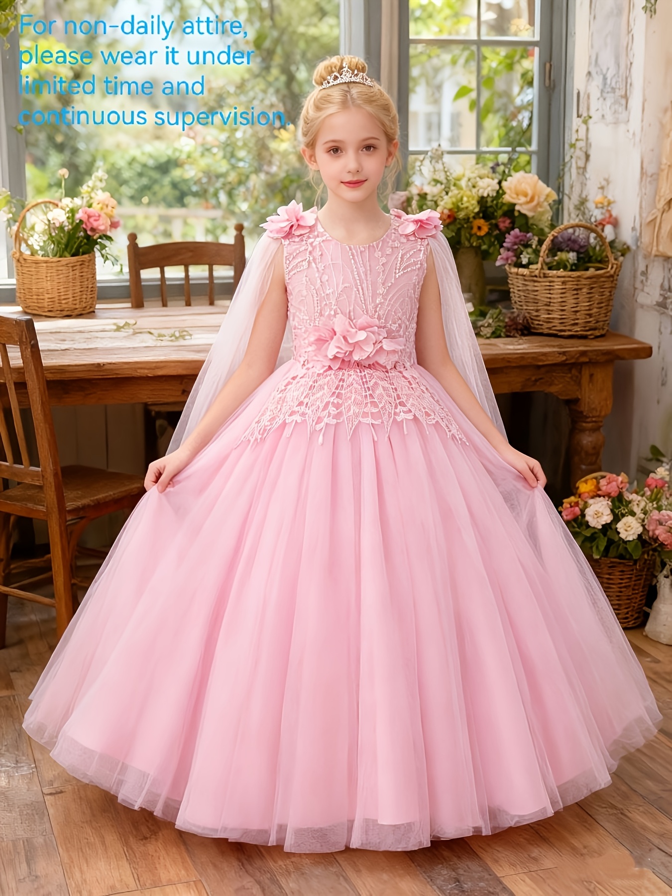 *' Premium Long Lace Embroidered Dress, Girls' Round Neck 3D Floral * Mesh  Dress, Casual Wear Sleeveless Back Tie Adjustable Bow Tulle Skirt, Birthday  * Veil Princess Dress