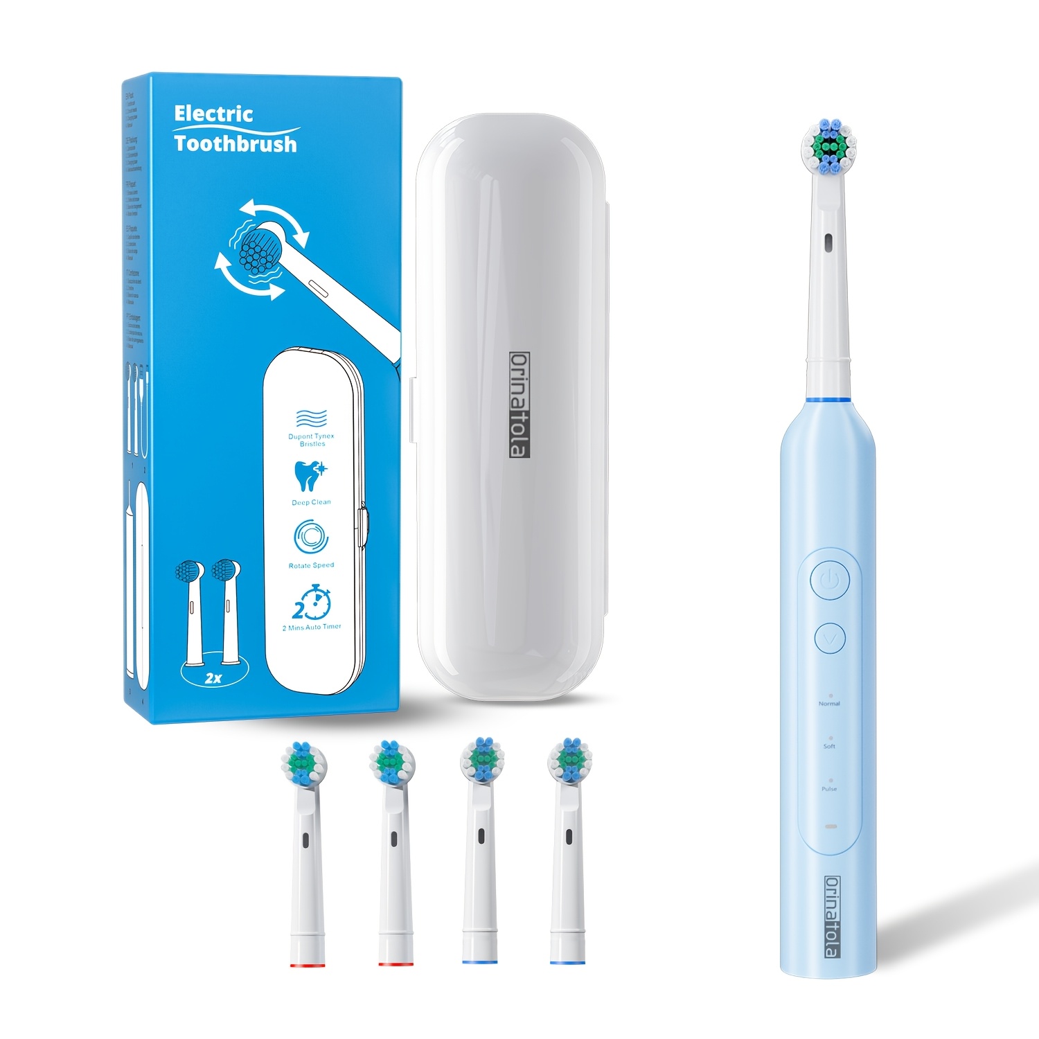 Image of Orinatola Electric Toothbrush Rotary Oscillating, 4/8heads, 3 , Ipx7 , Type-c Usb Charge, Portable Travel Case, Holiday Gift