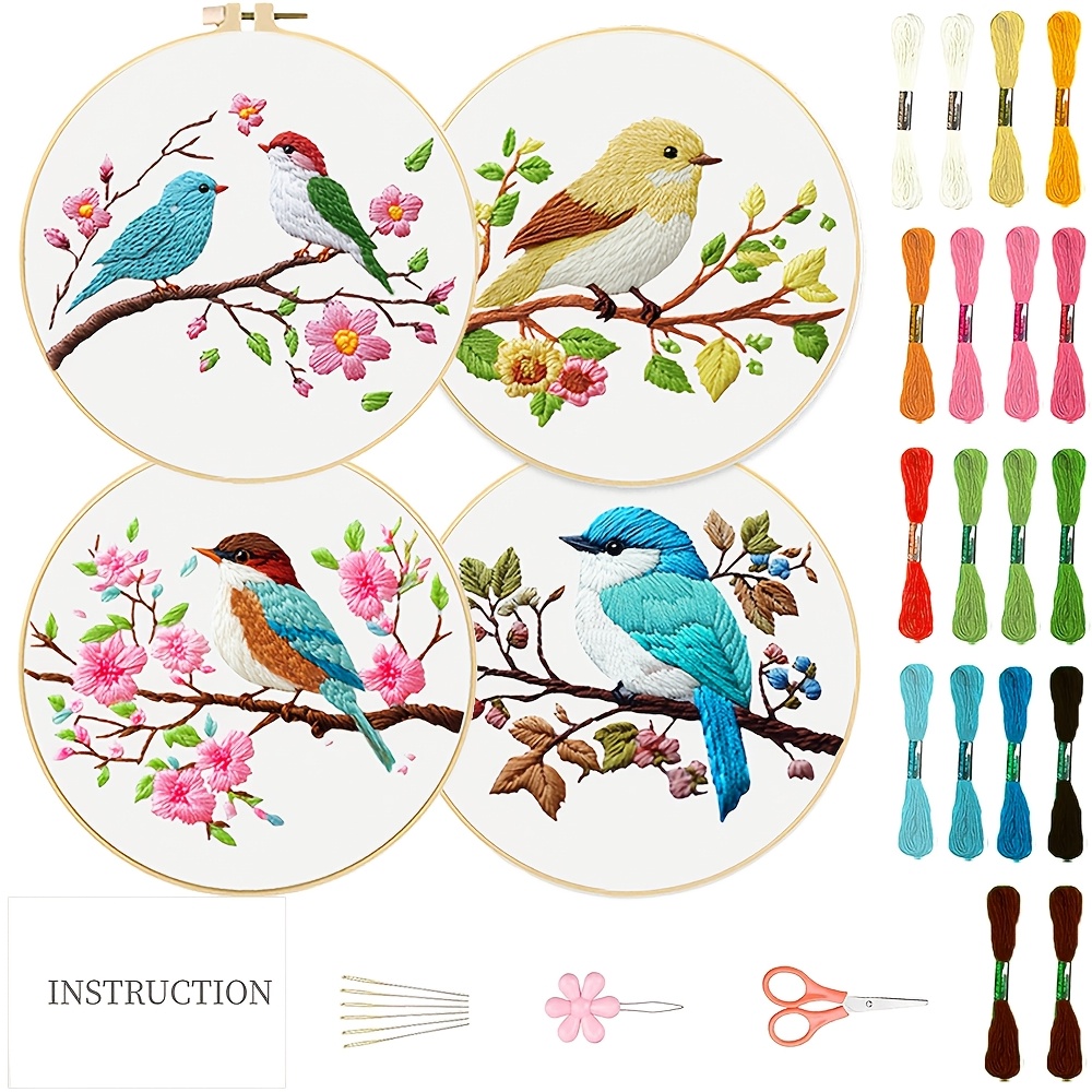 TEMU 4pcs Set Of Flower And Bird Theme Embroidery Art Kit - Includes 4pcss Of Embroidery Cloth With Birds On Branches Patterns, 1pc Of Embroidery