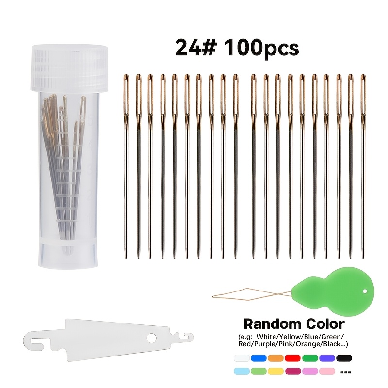 TEMU 100 piezas de agujas de bordar de ojo grande con enhebrador, agujas de punto de cruz, agujas de costura a , color dorado para costura a , punto