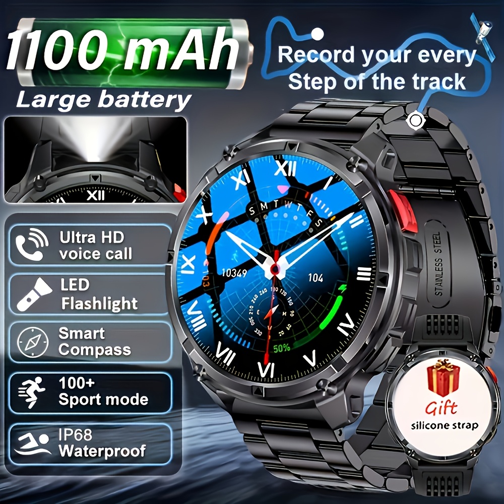 imagen del artículo reloj inteligente para hombre 2026, pantalla   definición de 1.7 pulgadas, batería de gran capacidad de 1100 mah,     de 90 días,   para exteriores, función de   inalámbrica, linterna led, más de 200 esferas de reloj, asistente de voz, reloj para hombre, más de 120