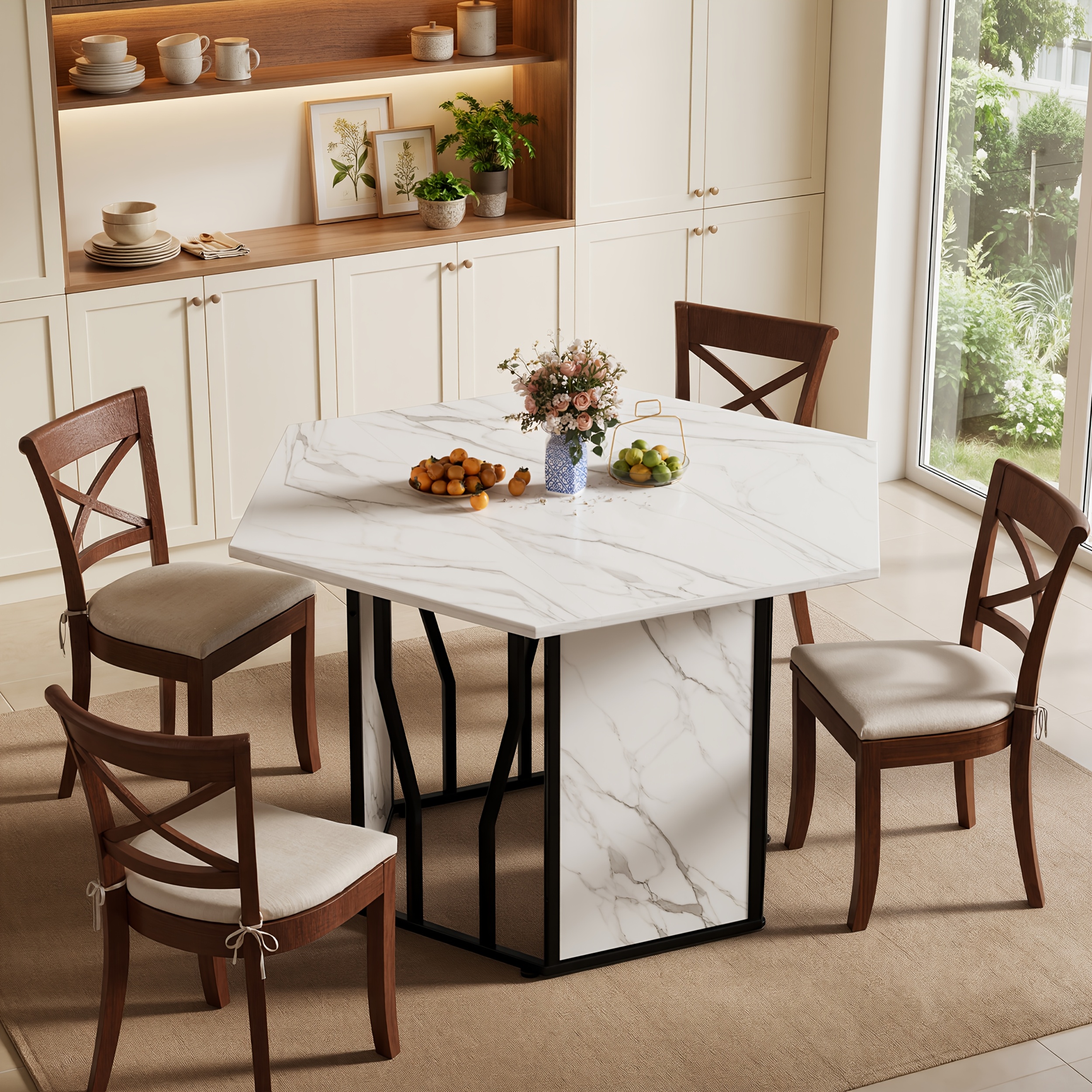 Image of Dining Table, Hexagonal Dining Table, Seats 4-6 People, 120cm Marble-patterned Kitchen Table, Industrial Style, Black Metal Legs, Suitable For Dining Room, Living Room, And Kitchen