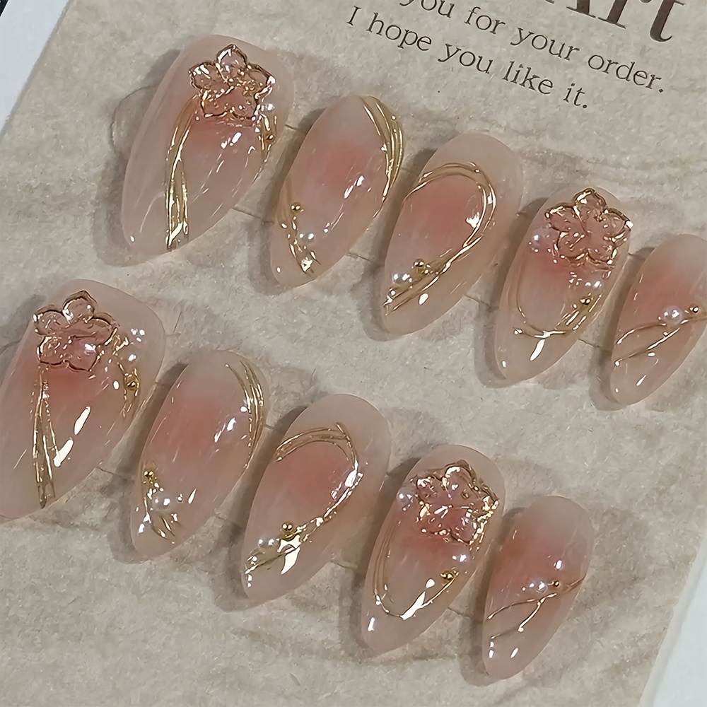 Image of 24pcs Stiletto Pink With Sakura Flowers Medium Fake Nails, Handmade Almond Shaped Fake Nails With Golden Strips Press On Nails Jelly Glue