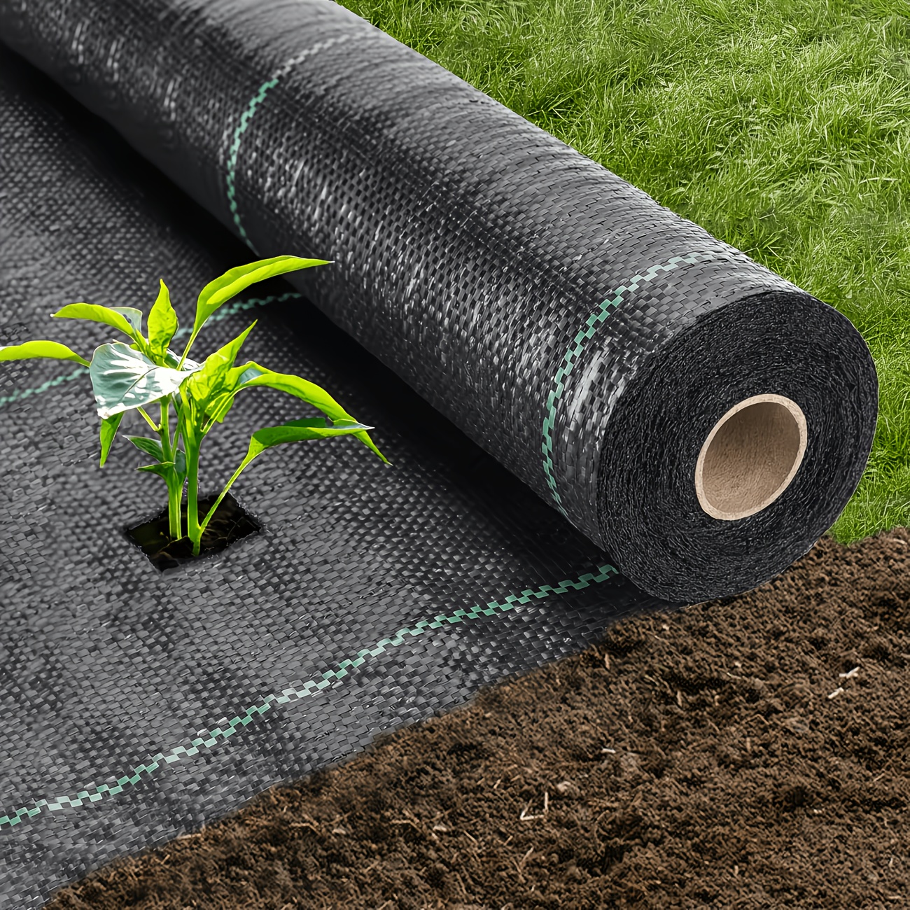 Artikelbild unkrautbekämpfungsfleece für den garten - 120g/m² strapazierfähiges hdpp-gewebe, atmungsaktive & wasserpermeable mulchfolie für pflanzenschutz, uv- & reißfest, einfach zu schneiden mit führungsdraht & nägeln, schwarze webstruktur mit grüner punktlinie mit nägeln