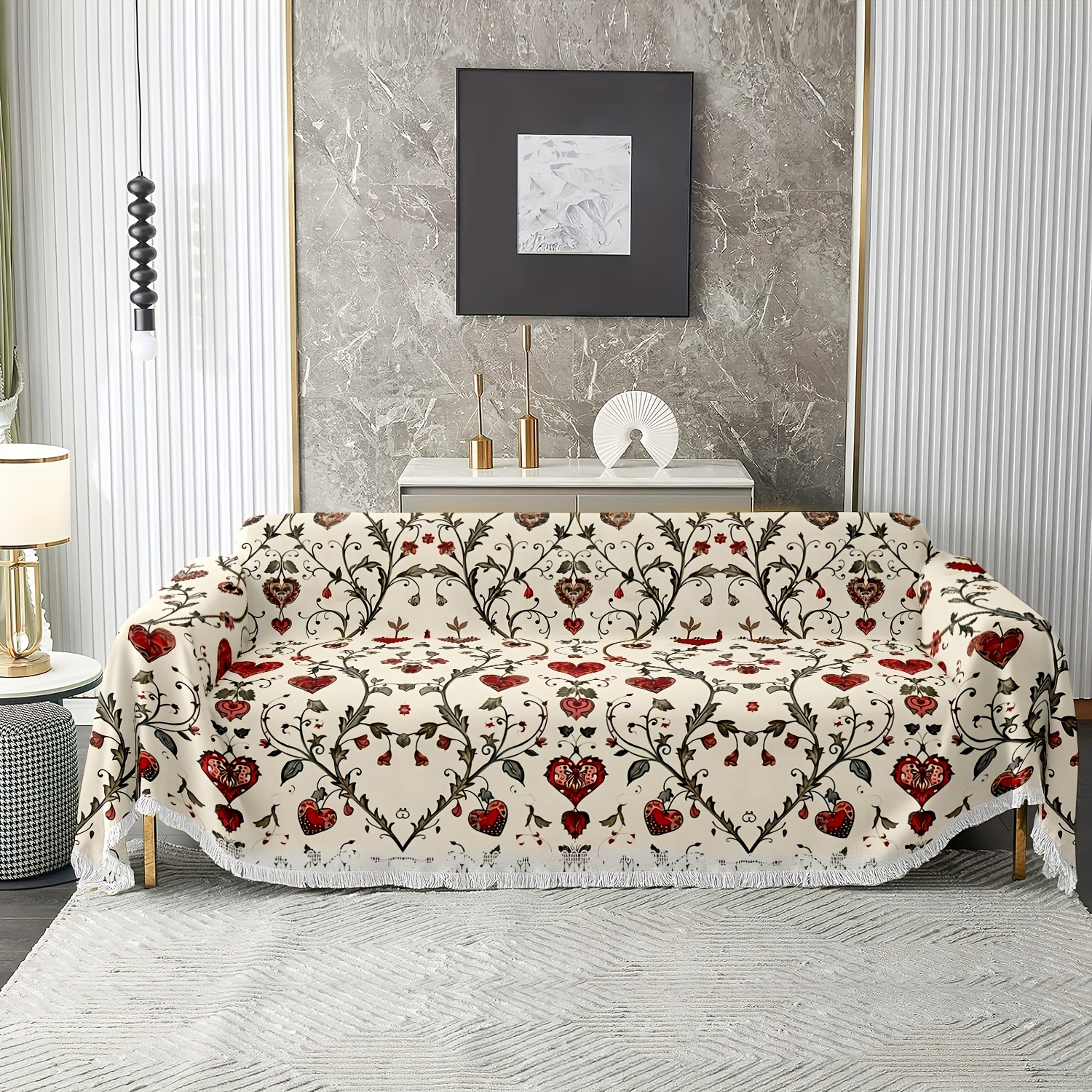 TEMU 1pc Premium Floral Leaf And Red Heart Sofa Cover, Chenille With Tassels, Non-slip And Cat Scratch-resistant Sofa Protector, Machine Washable And