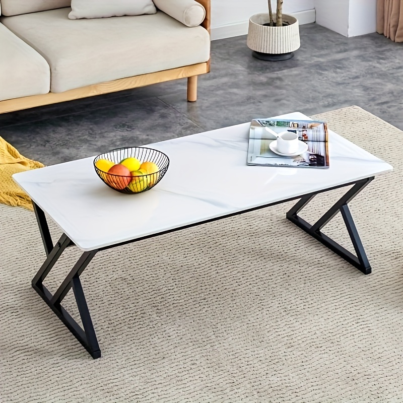 Mesa De Centro Rectangular Moderna - Mármol Con Patas De Metal Negro - Diseño Mid-century Para Salón O Comedor