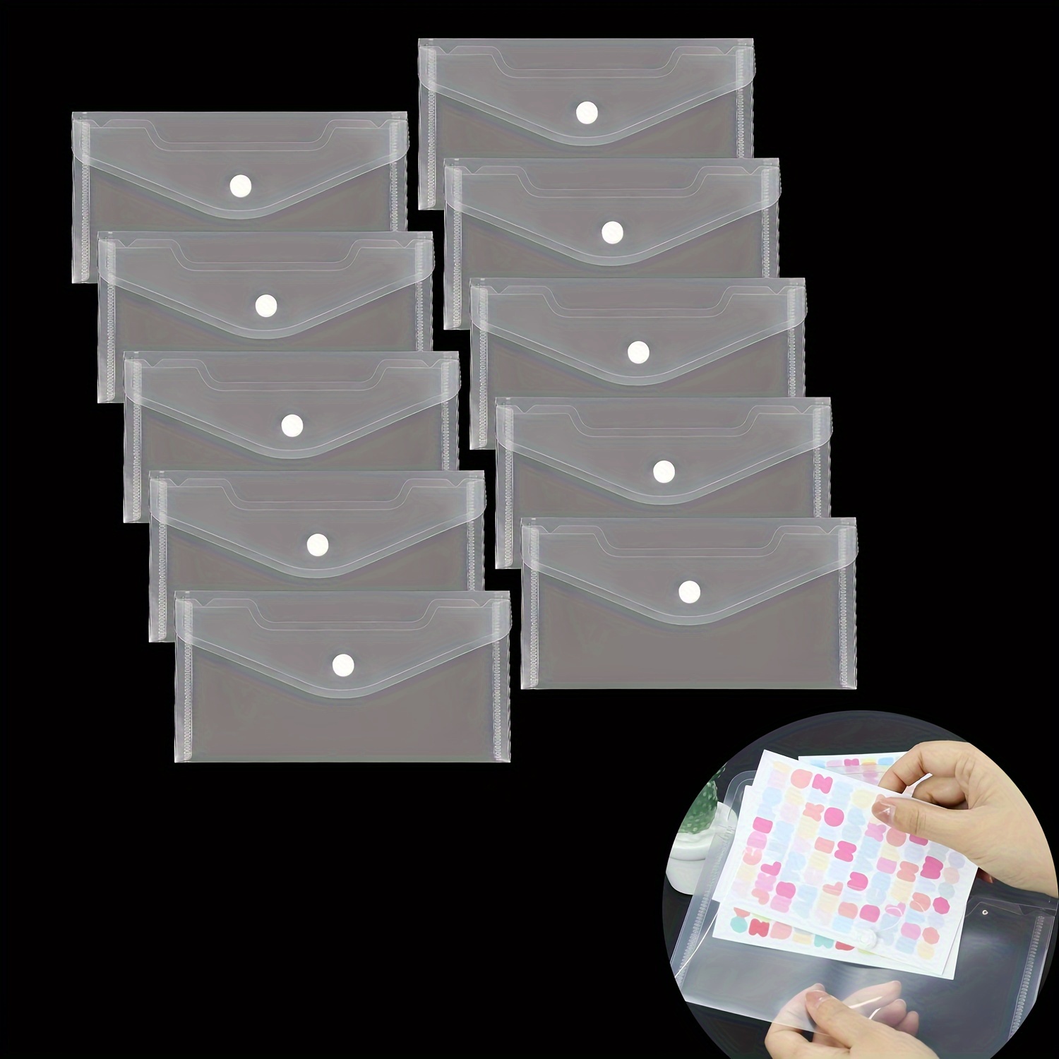 

10pcs Clear Plastic Envelopes With Snap Closure - Document & Receipt Organizer, Ideal For School, Home, Office, And Art Supplies Storage