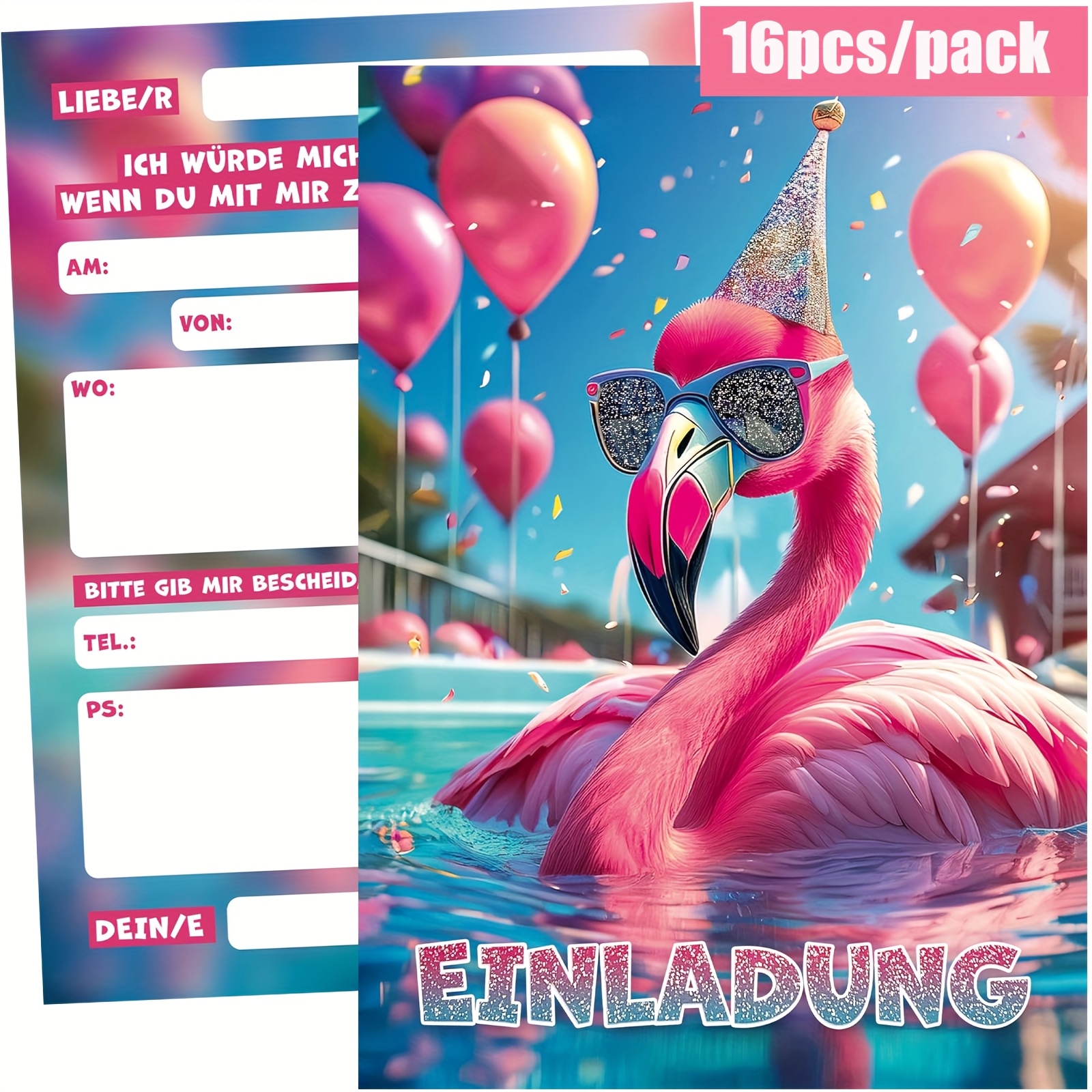 E-shop 16 Flamingo-Einladungen Poolparty Geburtstagsfest Einladung Sommerfestival mit Flamingo-Motiv