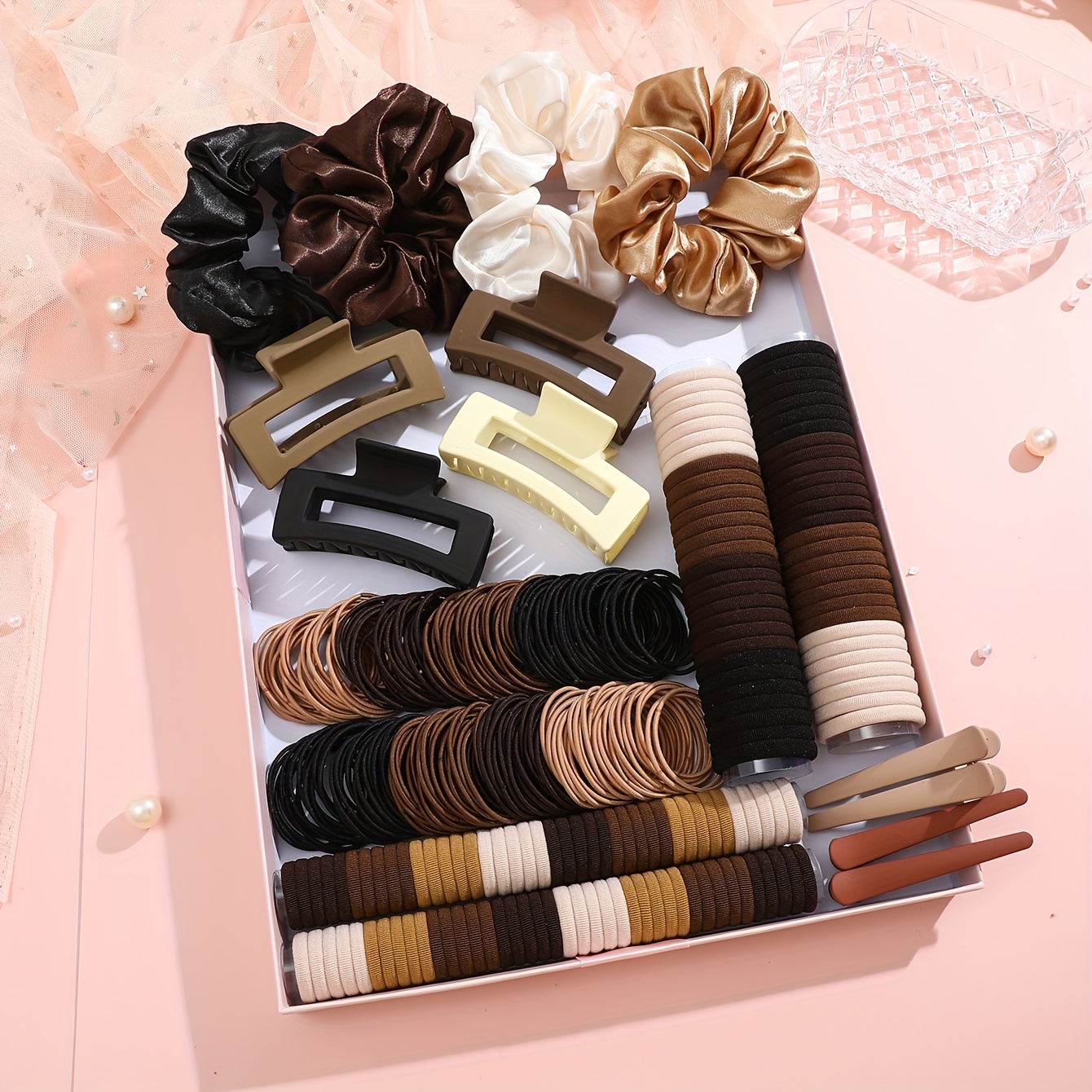 

262pcs Elastic Brown Hair Tie Set, Maillard Color Large Intestine Hair Circles, Duckbill Hair Clip, Square Hair Claws Clip, Suitable For All Seasons (random Color, Without Box)