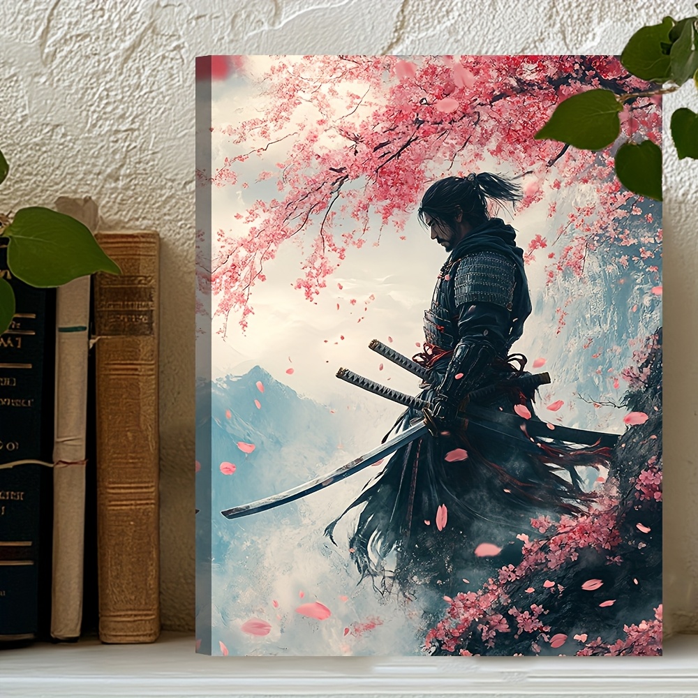 TEMU 1pc Wooden Framed Canvas Print - Japanese Cherry Blossoms & Warrior, 12x16 Inch - Ideal For Home Decor In Living Room, Bedroom, Office, Cafe -