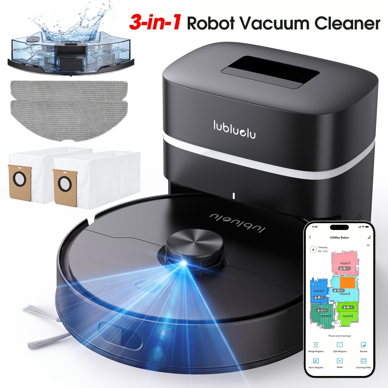 TEMU Lubluelu L50 MAX Robot Aspirapolvere e Lavapavimenti Smart, Super Aspirazione 8500Pa, Avanzata con a 360簞, 180 Minuti, Smaltimento Automatico