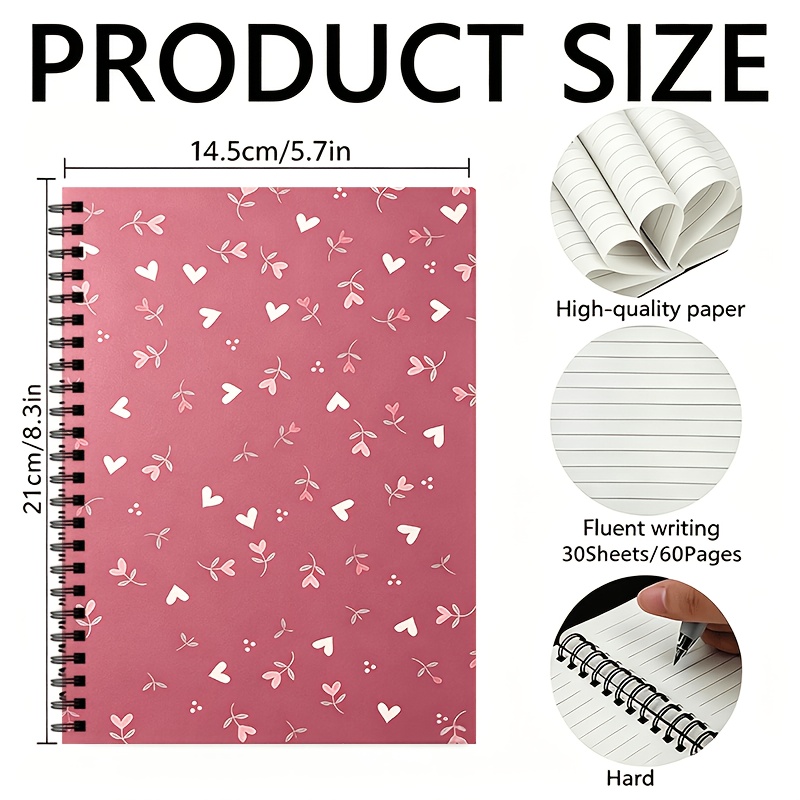 TEMU 1 Bohemian-style Floral Heart Spiral Notebook With 60 Lined Pages (); Suitable For School, Office, Journaling, Or Gifting; Compact Size, Ideal