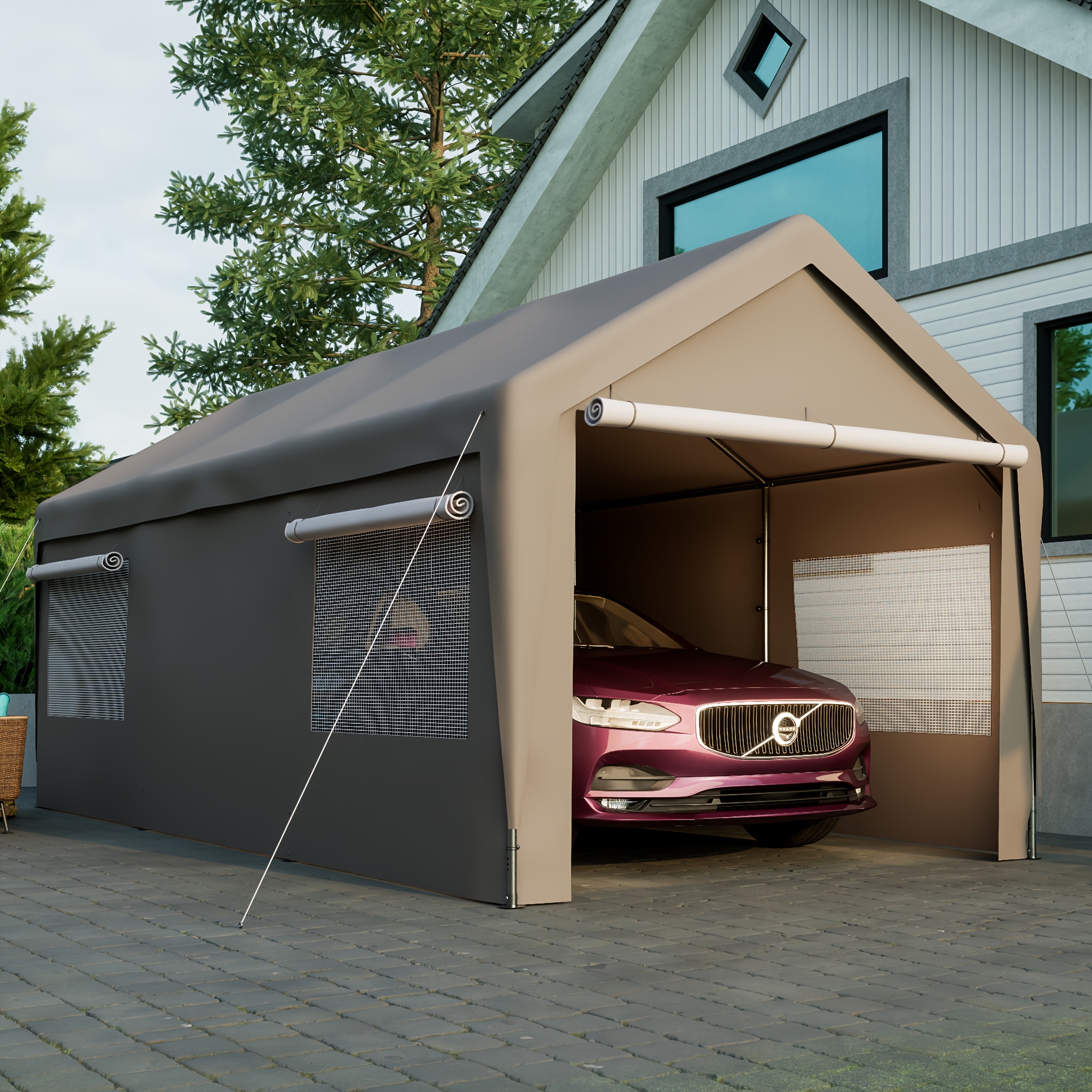 TEMU Winterproof Carport Stable Garage Tent 310*592*276cm | With Roll-up Window, Removable And Roof, Gray Metal Storage Tent, Protective Cover For