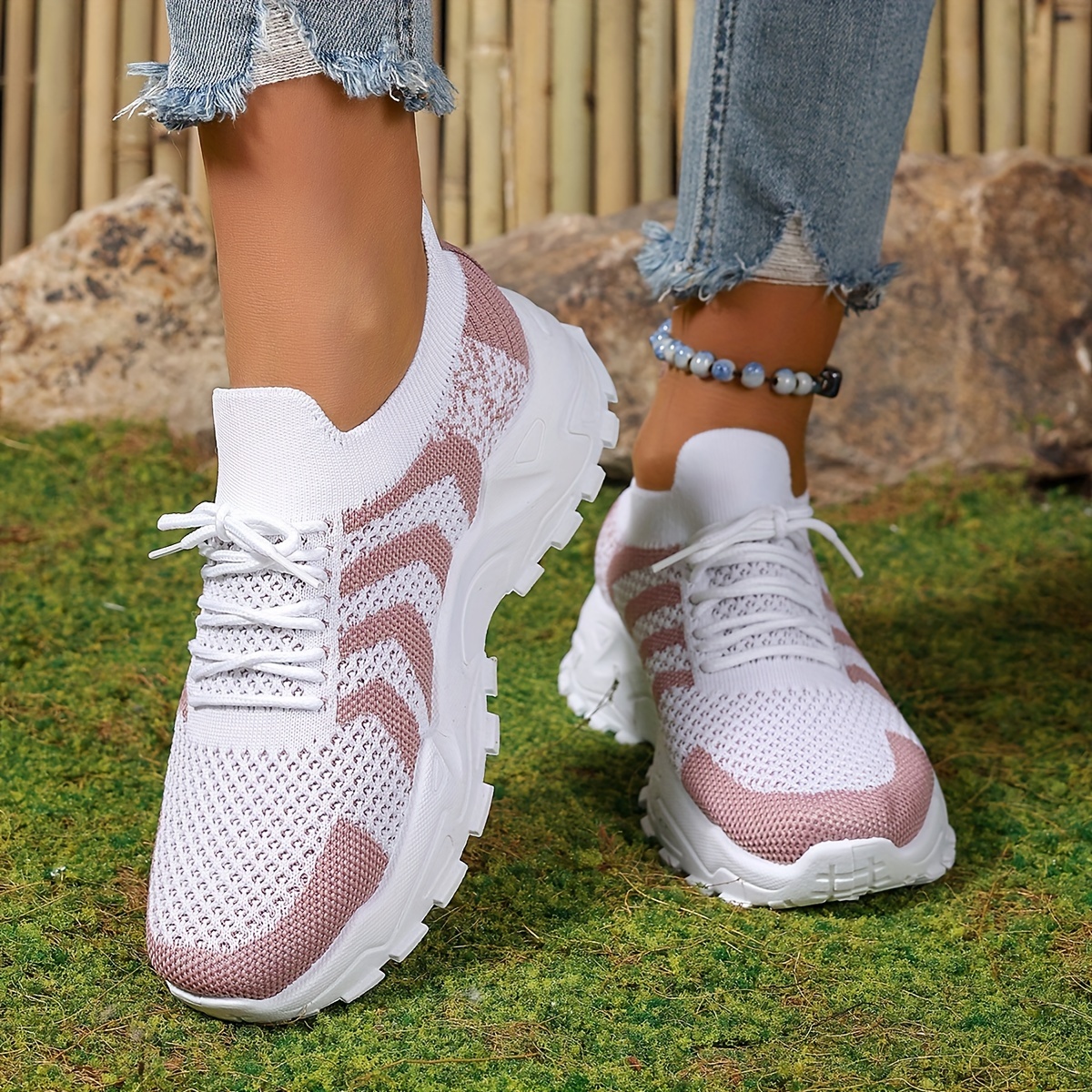 Image of Women's Fashion Mesh Athletic Shoes, Casual Color-block Lace-up Low-top Platform Sneakers, Breathable Lightweight Comfortable Outdoor Shoes, Women Shoes