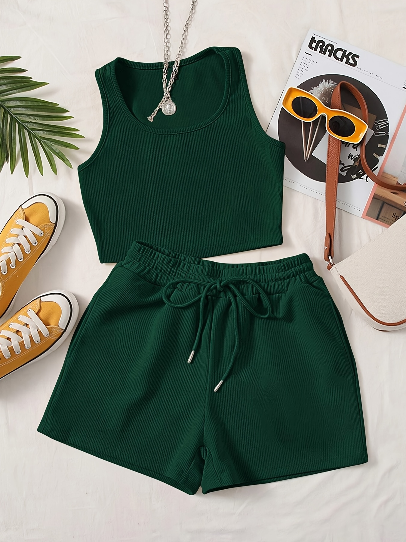 womens green sleeveless tank top drawstring shorts set casual solid color   wear casual attire minimalist style