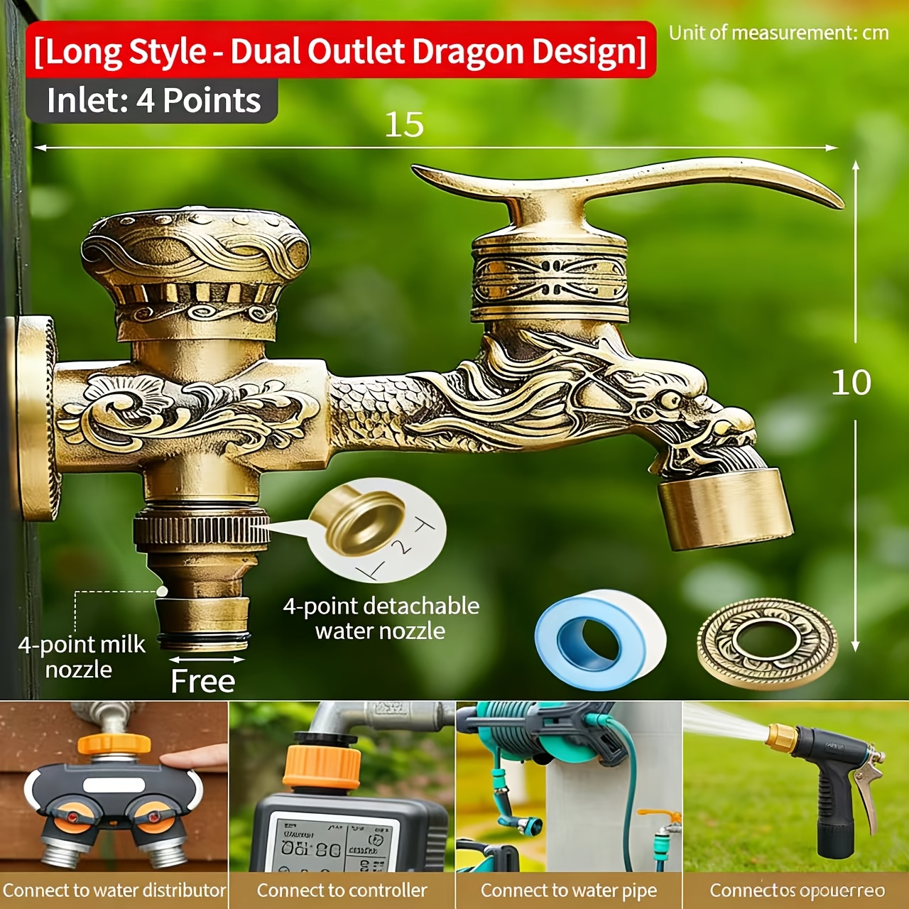 Image of Retro Double Water Outlet Outdoor Faucet, Alloy Golden Main Body, Special For Garden Watering, European-style Courtyard Decoration Matching