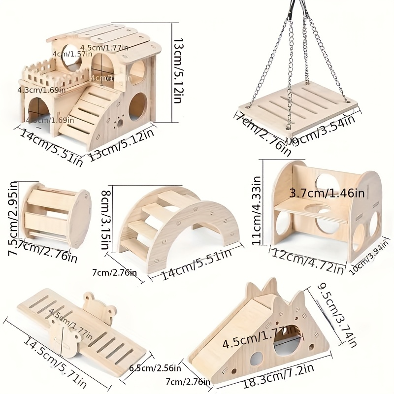 Image of 7pcs Hamster Wooden Toy Set, Including Hamster House, Bell, , Bridge, Climbing Ladder Hideaway, Hamster Swing And Exercise Toy, Suitable For Small Hamsters