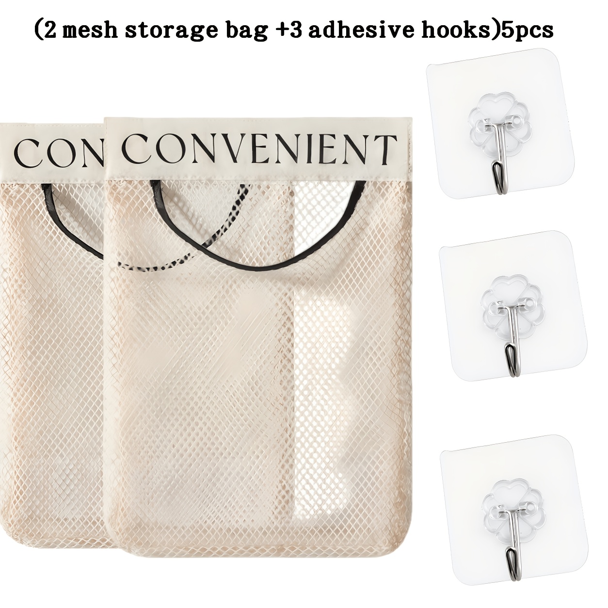 TEMU 5pcs Set Of Kitchen Hanging Mesh Storage Bags (2pcs Mesh Bags And 3pcs Hooks), Suitable For Kitchen, Door, Wall - Large Capacity Breathable Net