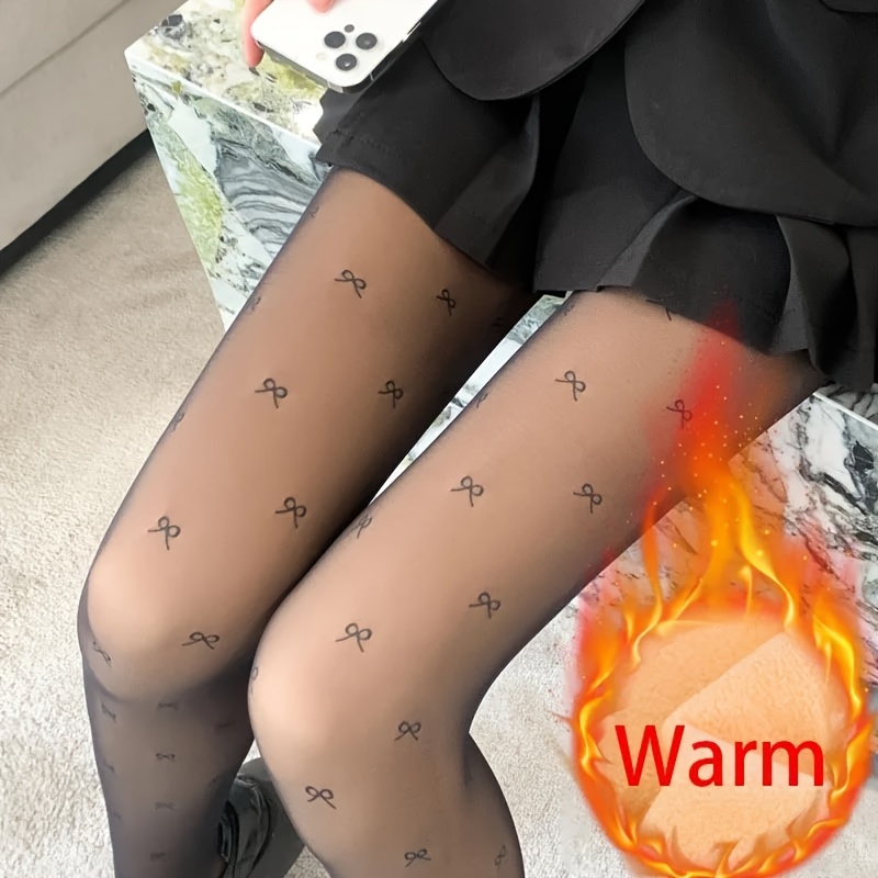 

1 Pair Of Elegant Women's Fleece-lined Tights With Chic Bow Print - Warm, High-elasticity Thermal Pantyhose, Soft Polyester & Spandex , Winter , Casual |chic Bow Pattern|fleecelined Fabric