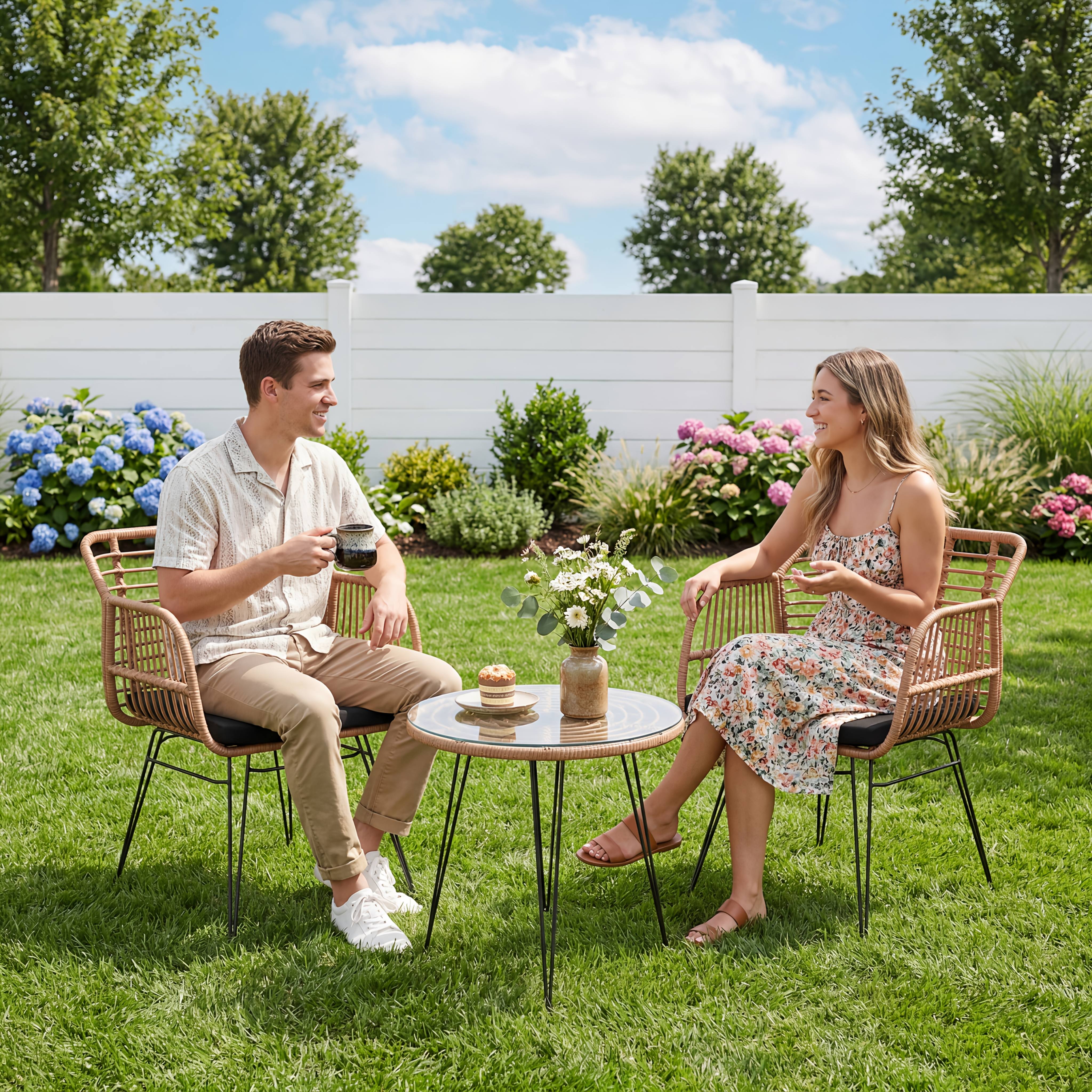 3pcs Outdoor Rattan Bistro Table and Chairs Set - Contemporary Boho Furniture with Tabletop, UV & Rain Resistant Suitable for, Poolside, Balcony, Black/Natural Rattan, All-Weather for /Outdoor Use