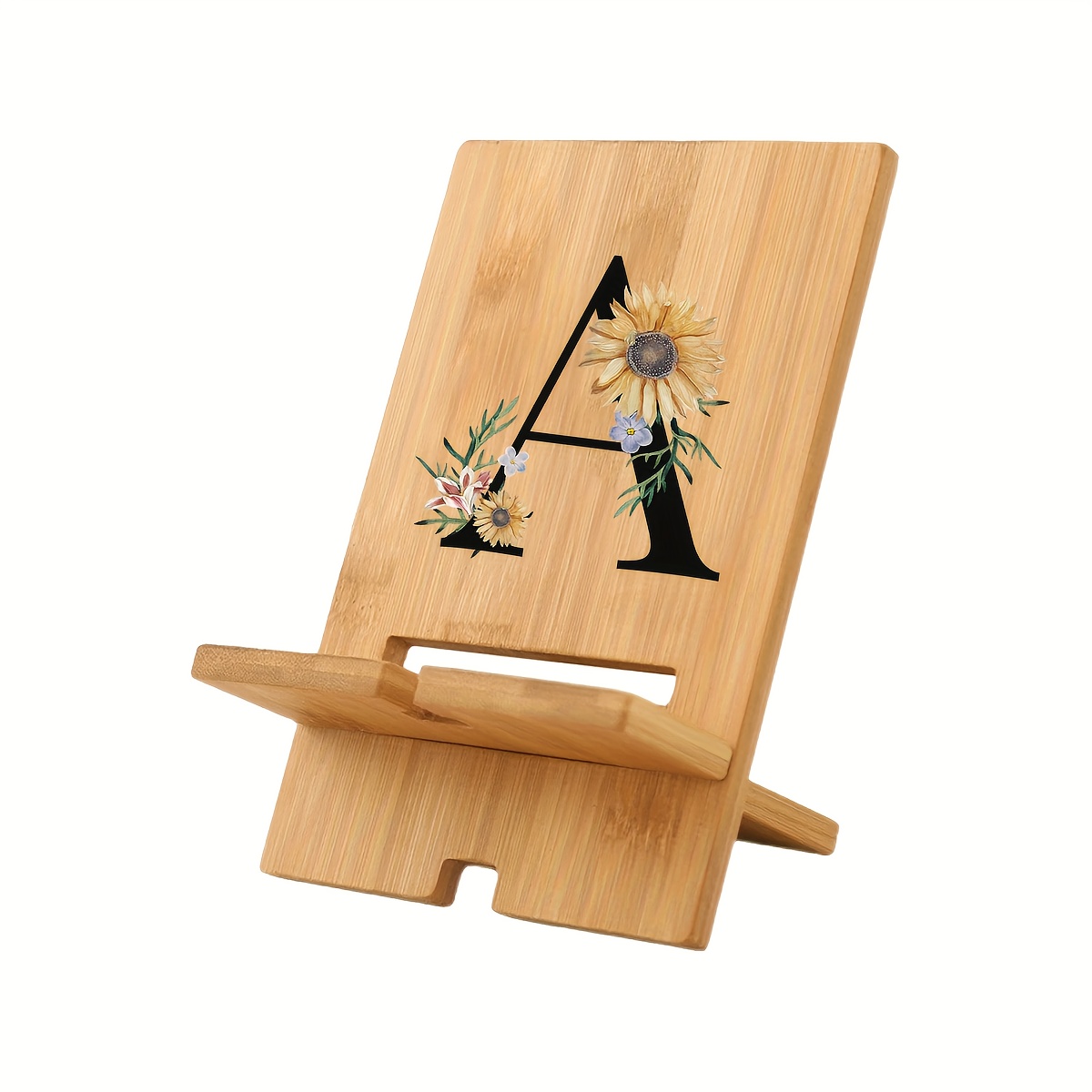 1pc Bamboo Phone Stand With Initials Daisy Flower A-z | Adjustable Multi-angle, Bamboo Base, Multi-functional For Phone And Tablet, Ideal For Home And Office, Perfect For Travel