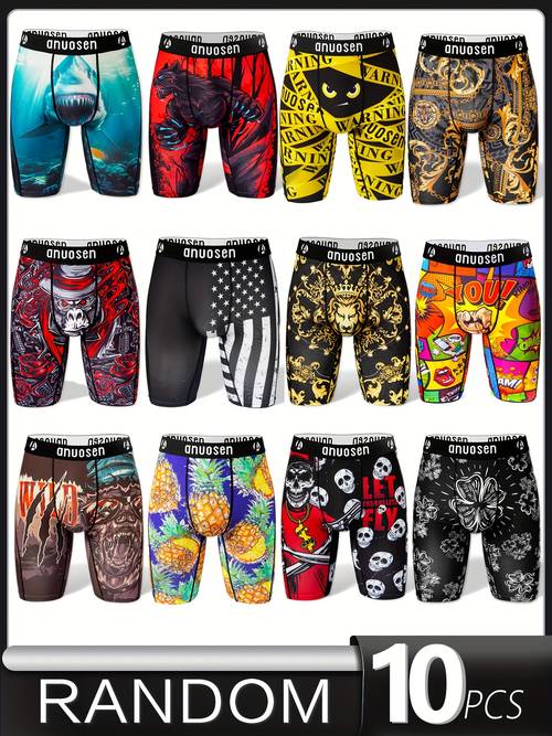 10pcs mens athletic boxer briefs assorted prints skull shark beach scene tropical leaves more quick dry fit with elastic waistband running sports casual wear