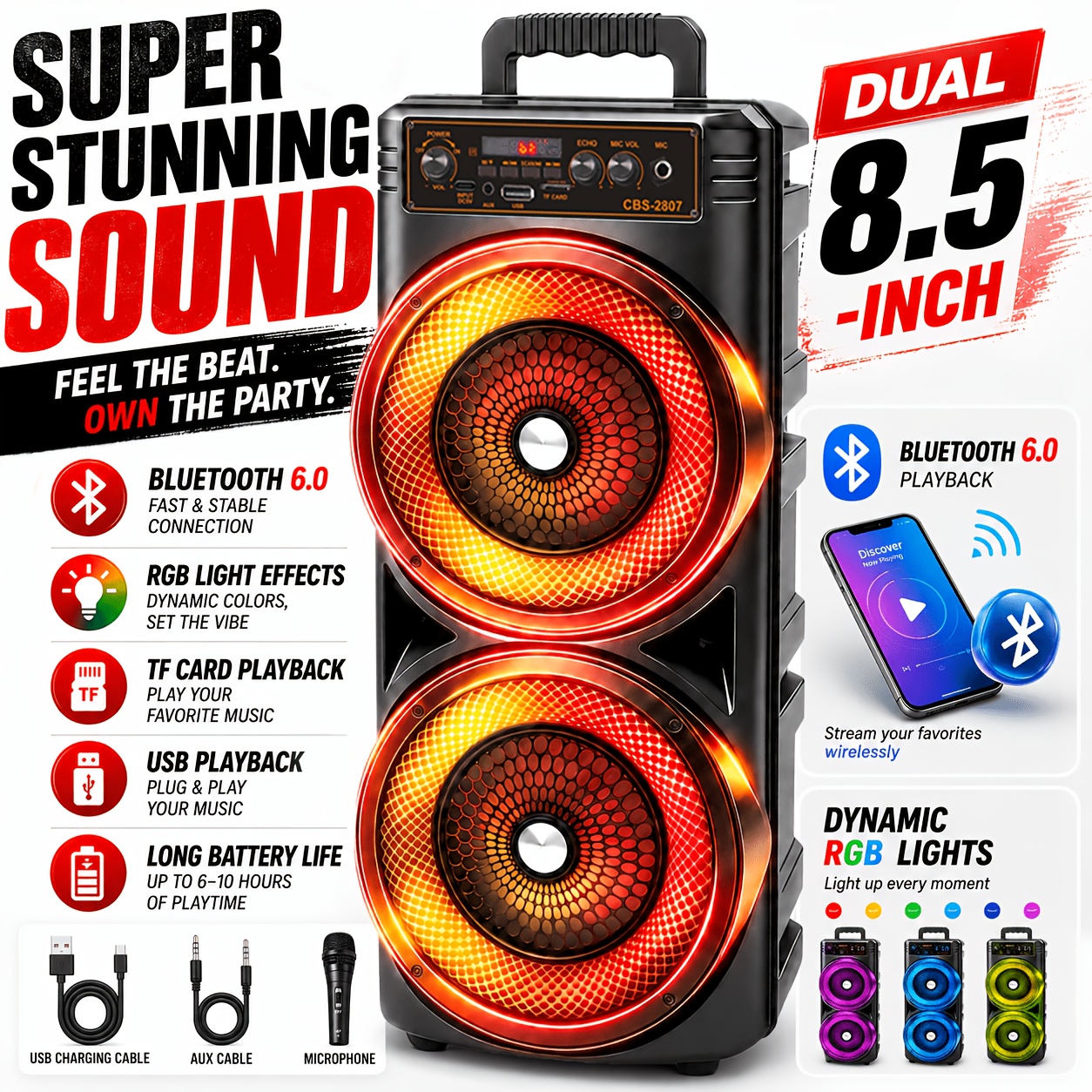 Image of Portable Wireless Bluetooth Speaker, Bluetooth 6.0 Stereo Subwoofer, Led Light, Fm, Tws, Mic, Tf, Usb, Portable Outdoor Speaker For Party, Camping, Picnic, Holiday Gift Suitable For All Ages For